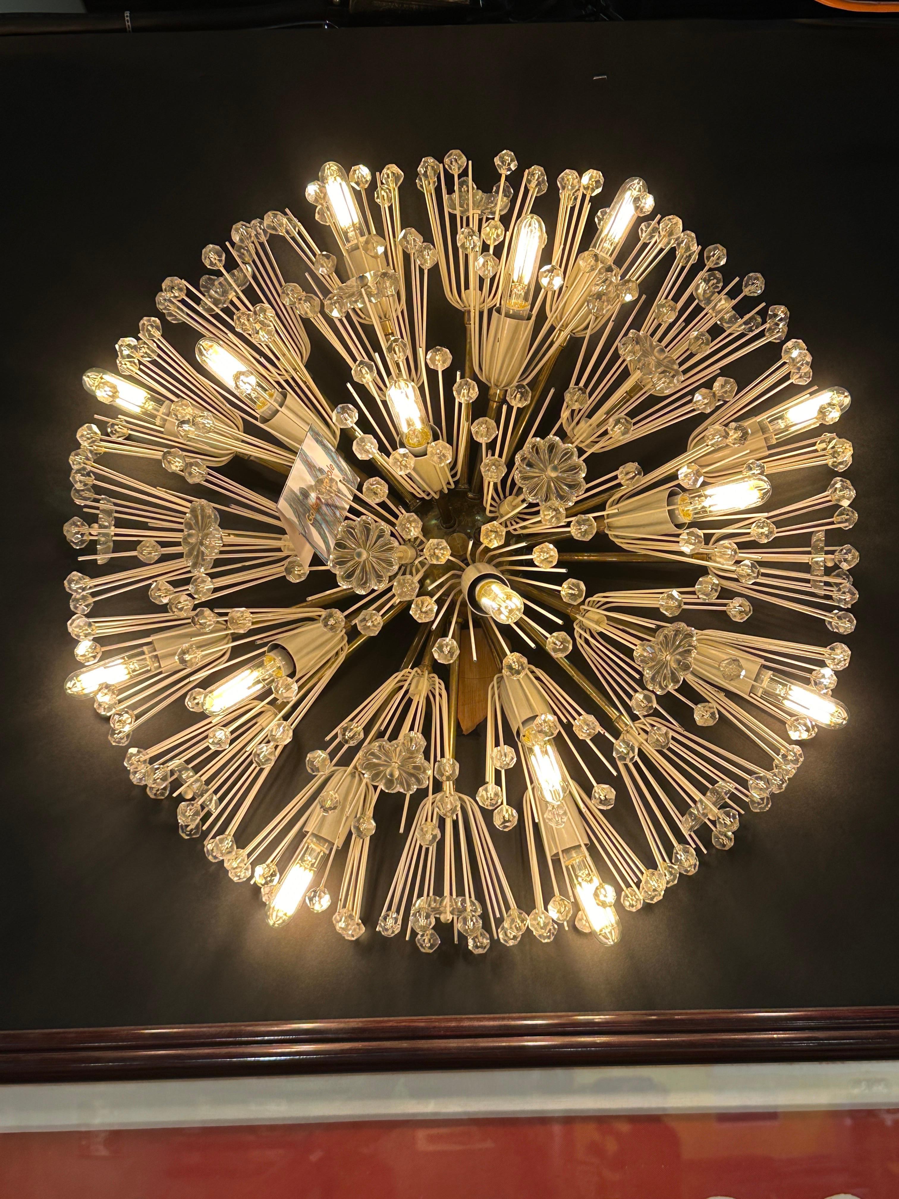 Emil Stejnar snowflake flush mount made in 1960’s
Rewired for United States
It requires 15 candelabra bulbs 25 or 40 watt and can be connected to dimmer to create dramatic lighting.
It needs to be hard wired by a professional electrician.
