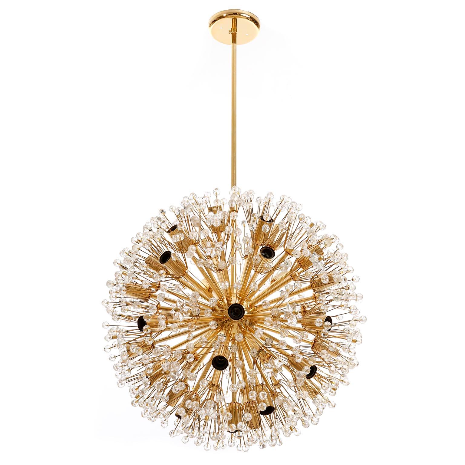 Mid-Century Modern Emil Stejnar Sputnik Snowflake Chandelier Pendant Light, Gold Brass Glass, 1970 For Sale