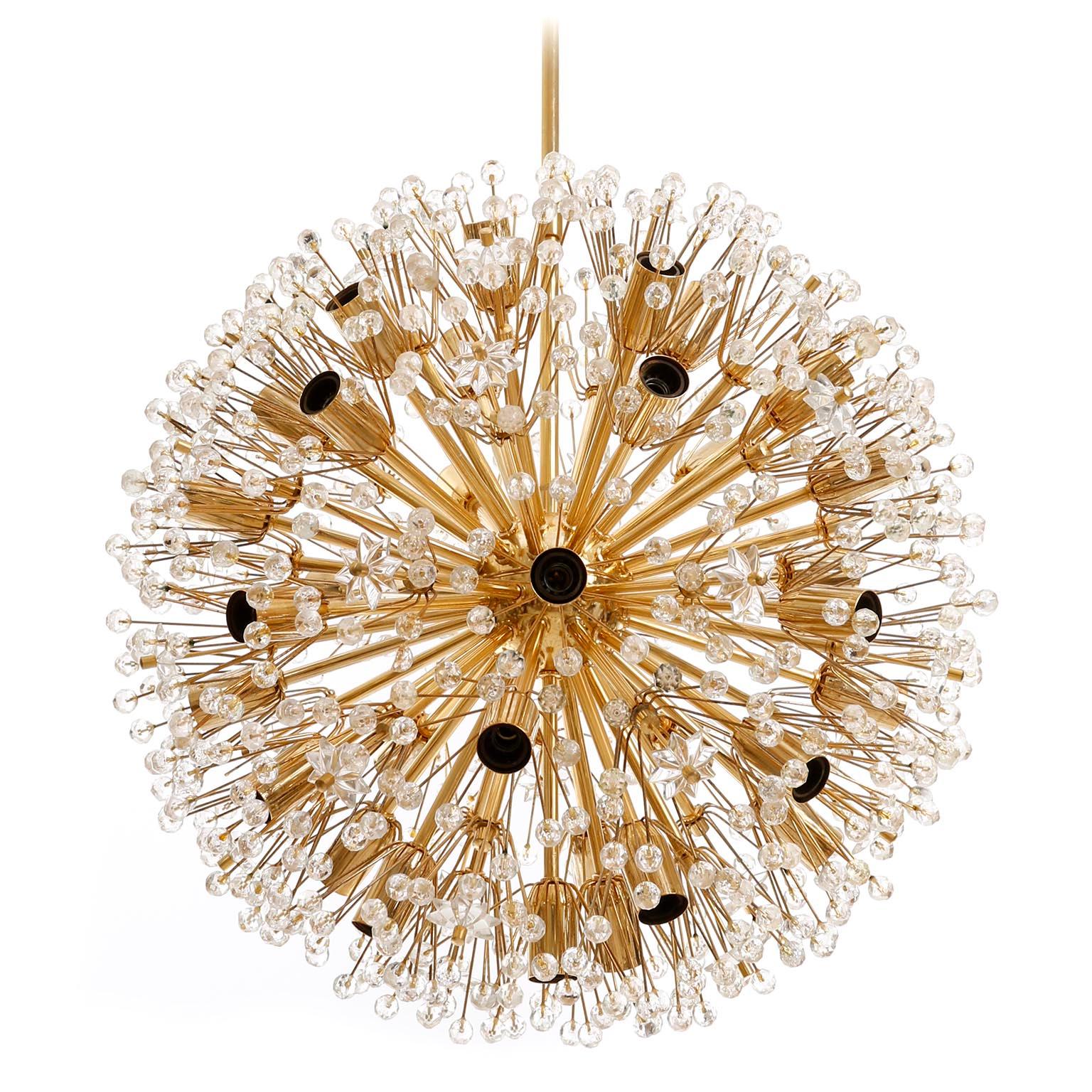 Austrian Emil Stejnar Sputnik Snowflake Chandelier Pendant Light, Gold Brass Glass, 1970 For Sale