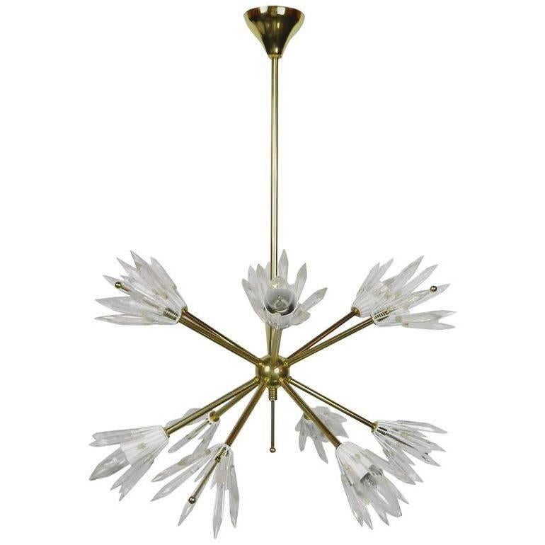 Emil Stejnar Austria Ten-Light Chandelier Brass Glass for Rupert Nikoll 1960