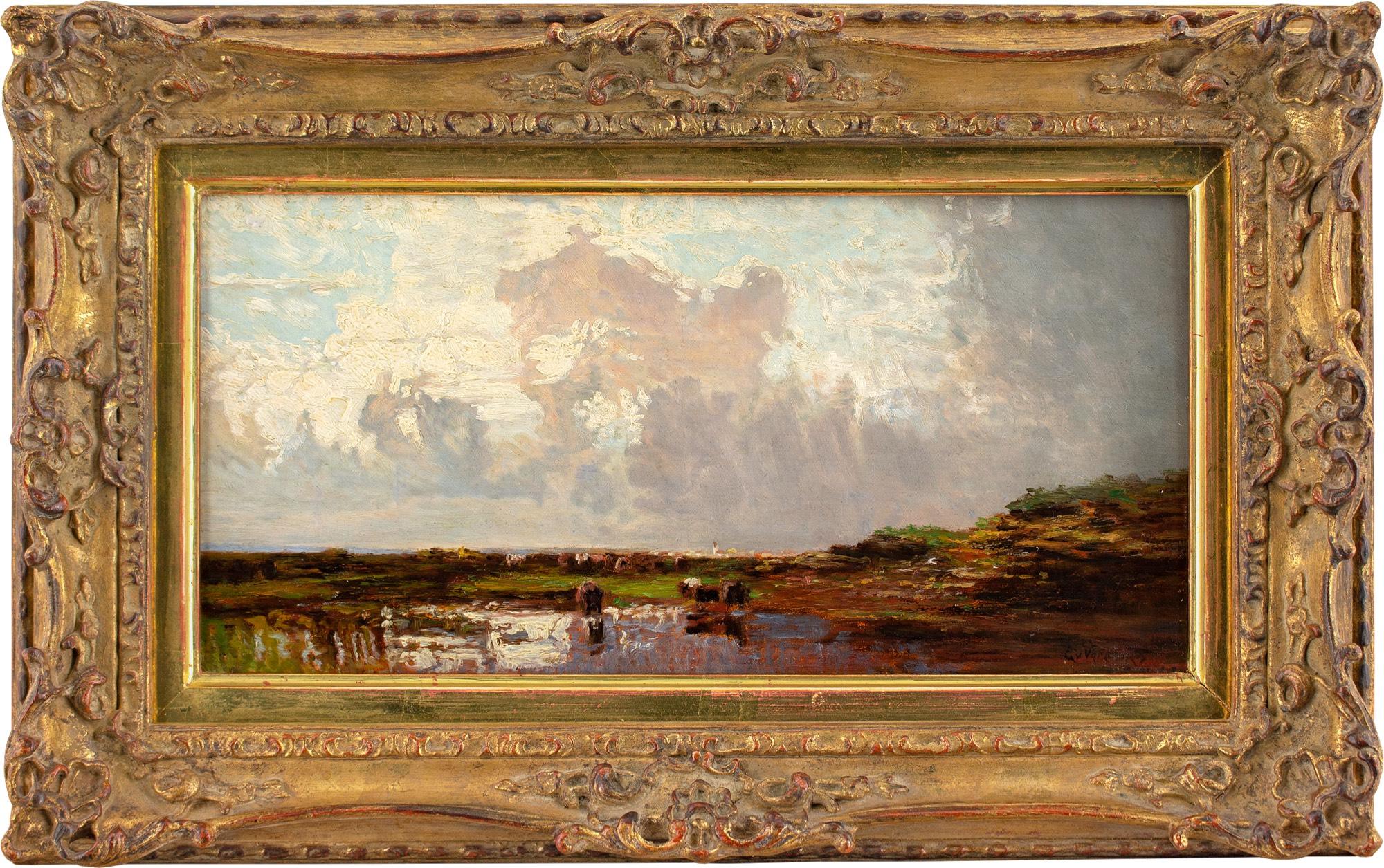 This expressive early 20th-century oil painting by German artist Emil von Varennes-Mondasse (1881-1949) depicts a landscape with cattle and dramatic sky.

Little is known about the career of Varennes-Mondasse, which is unusual given his ability. He