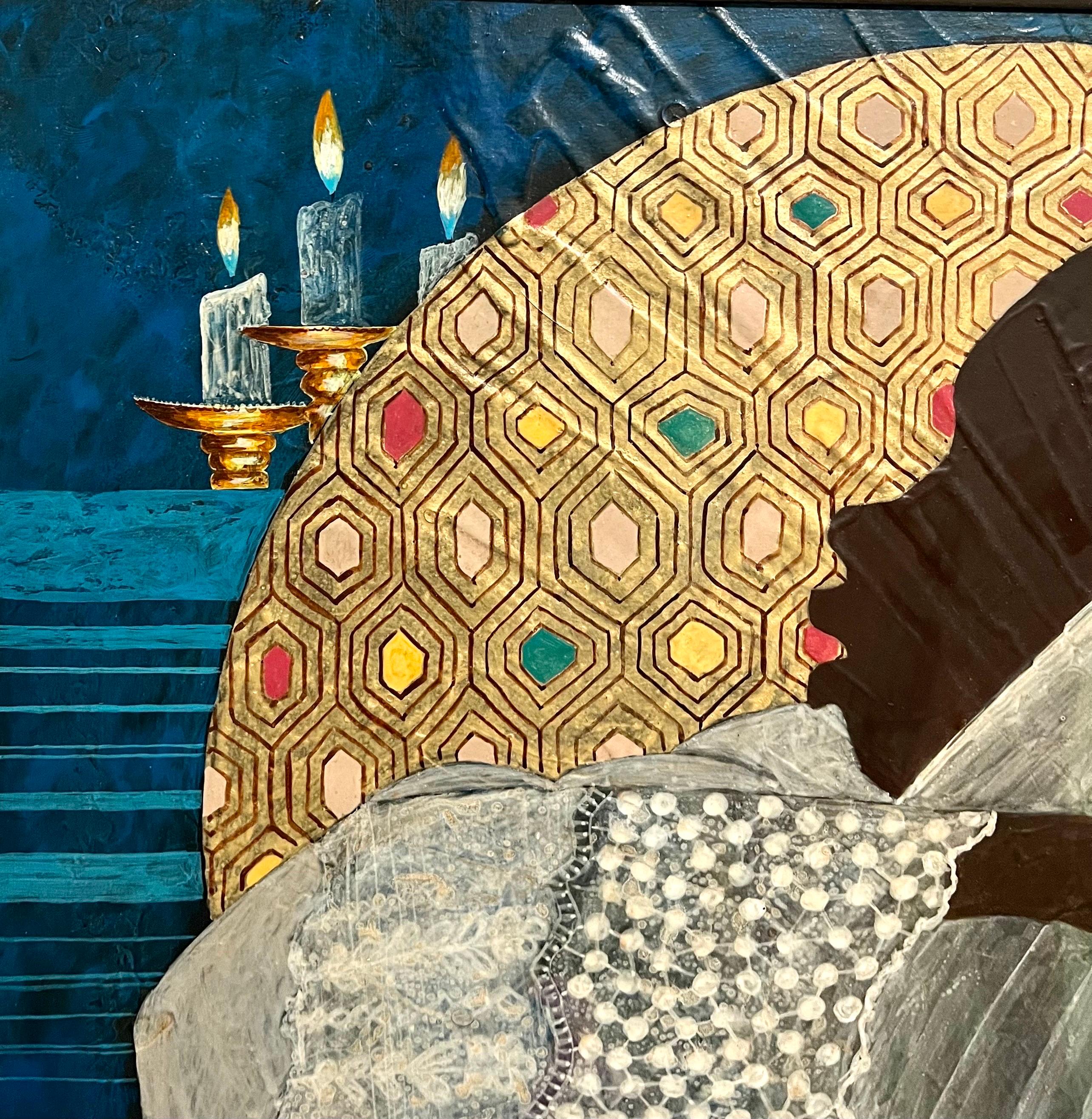 1970 Haitian Mod Gold Painting Portrait of African American Woman Emilcar Simil - Black Portrait Painting by Emilcar Similien (SIMIL)