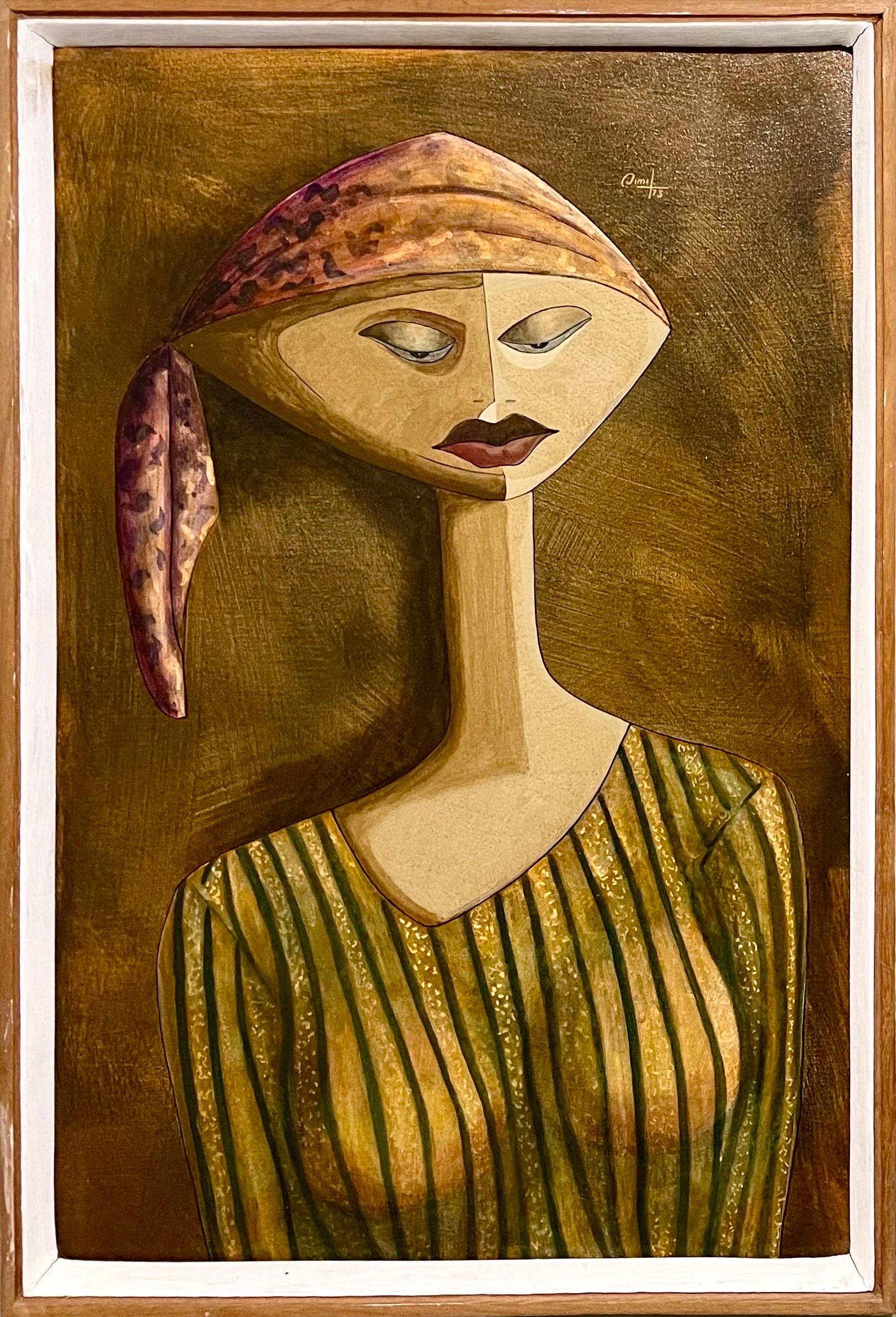 Emilcar Similien (SIMIL) Figurative Painting - 1973 Haitian Mod Oil Painting Portrait of African American Woman Emilcar Simil 