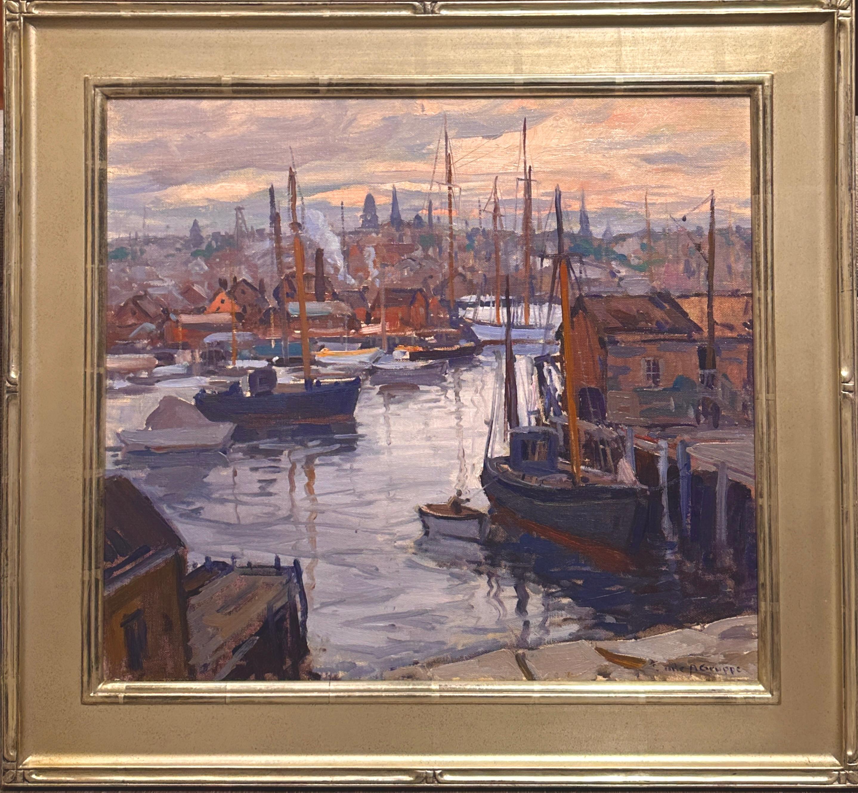 Barcos de pesca en el puerto de Gloucester por Emile A. Gruppe - Painting de Emile A. Gruppé