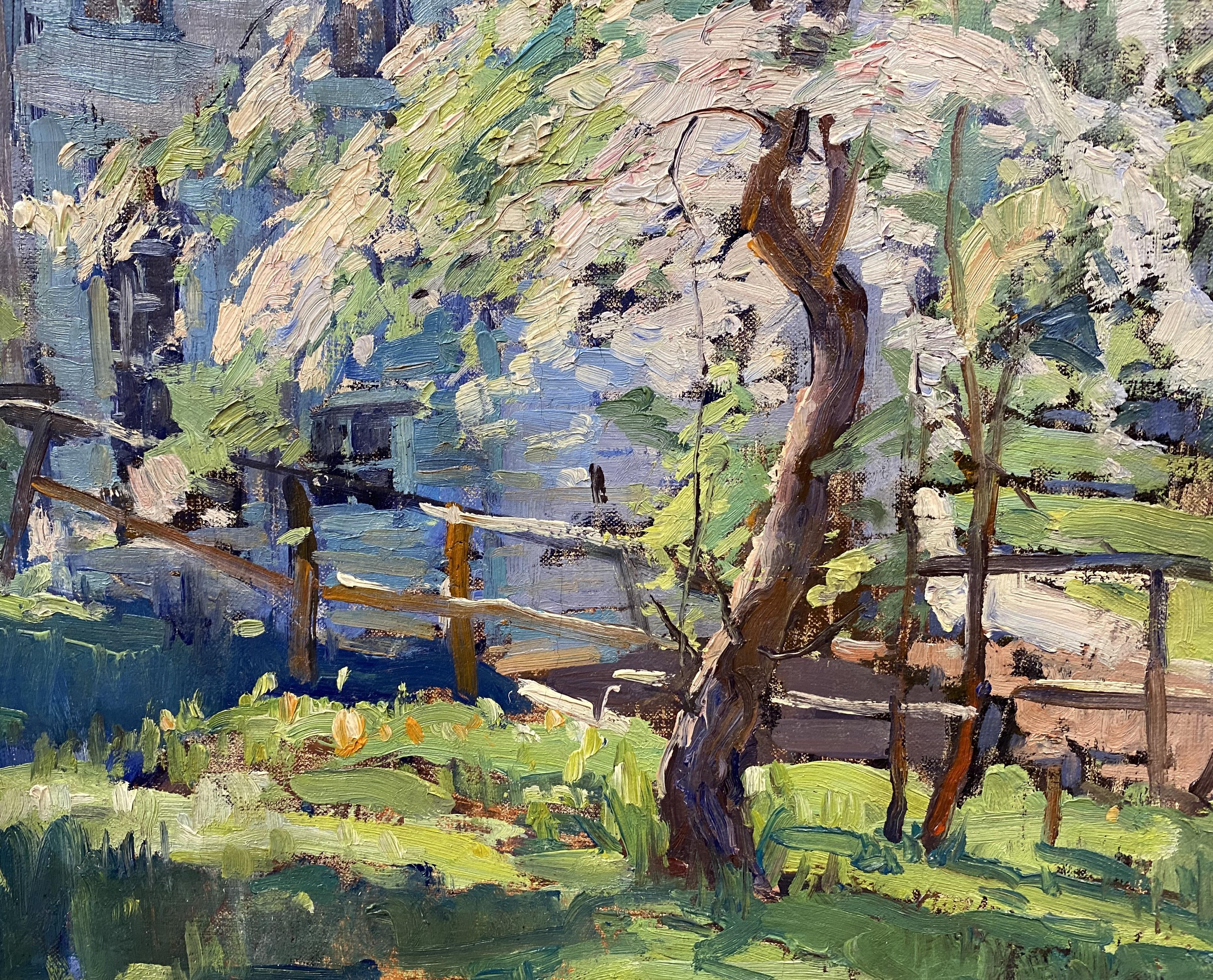 Un bel paesaggio primaverile dipinto a olio dall'artista americano Emile Albert Gruppe (1896-1978). Gruppé è nato a Rochester, NY, ed è famoso per i suoi paesaggi del New England e per le vigorose rappresentazioni dei porti e delle case di