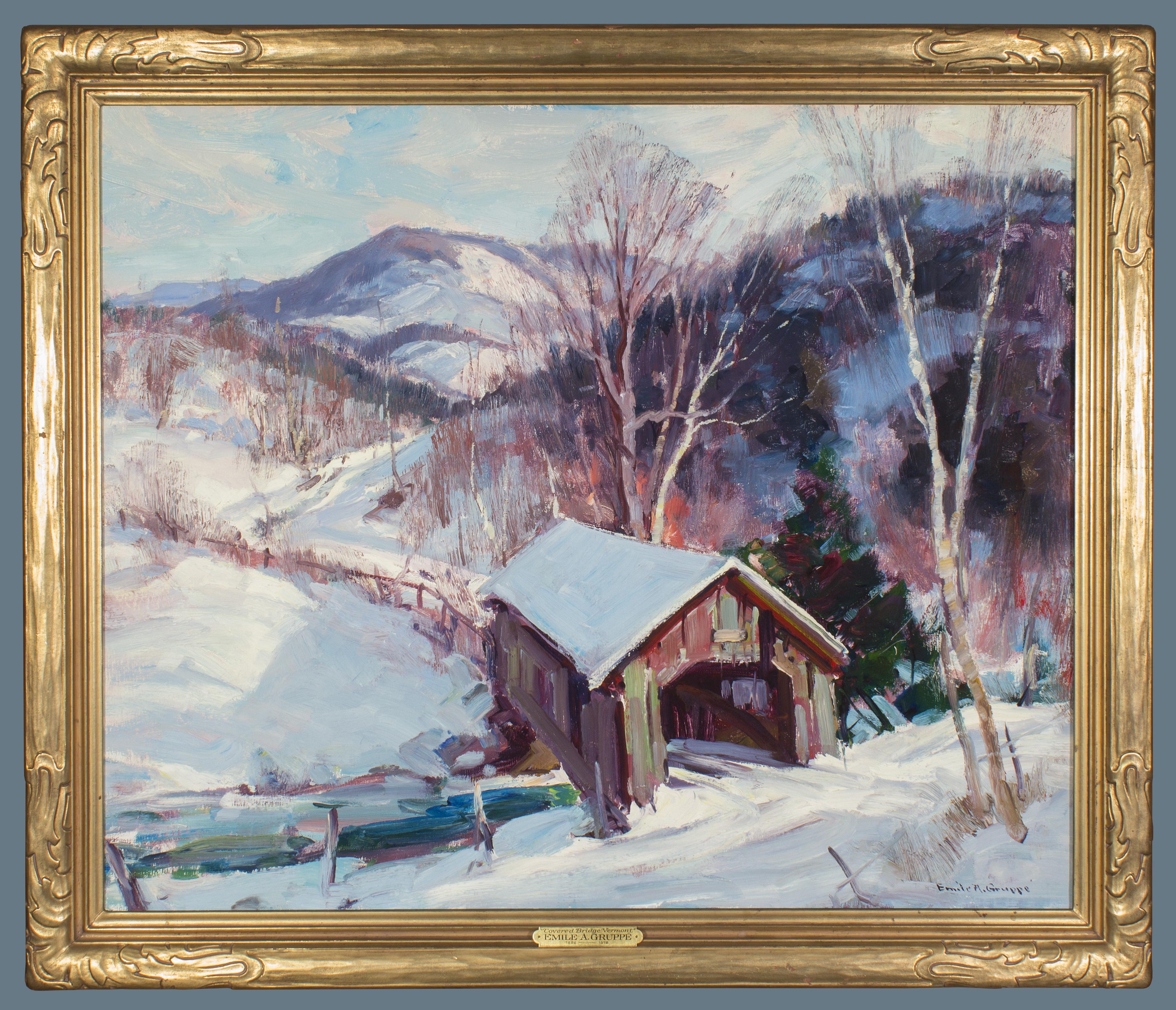 Emile Albert Gruppe Landscape Painting - Covered Bridge in Vermont by Cape Ann Massachusetts Artist Emile Gruppe