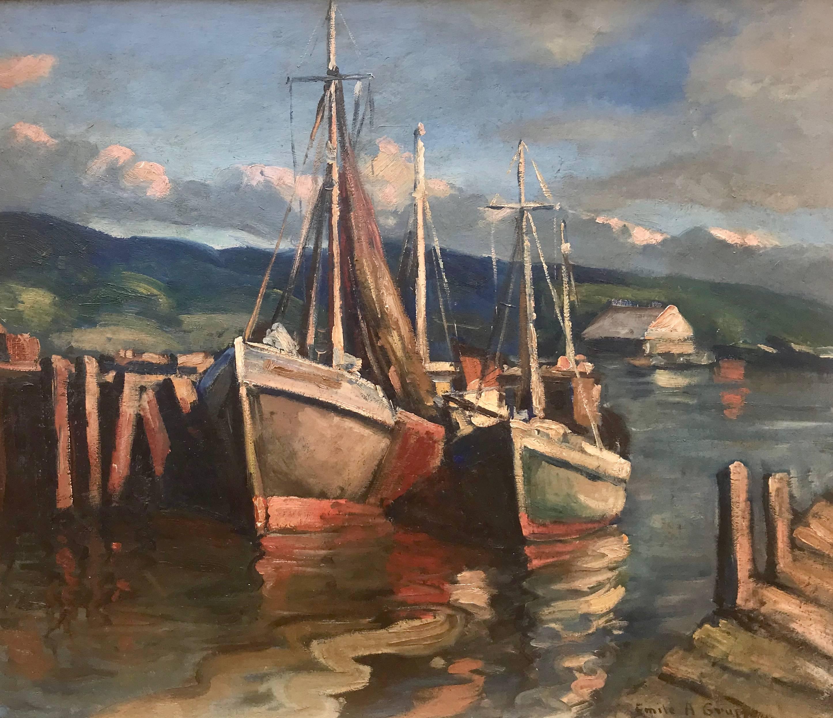 Oil on board painting by Emile A. Gruppe of fishing boats in Gloucester Harbor. Signed lower right. Good original condition.  No restorations. The painting is housed in a custom made Motyka gold leaf frame 28 by 32 inches overall.  Provenance:  A