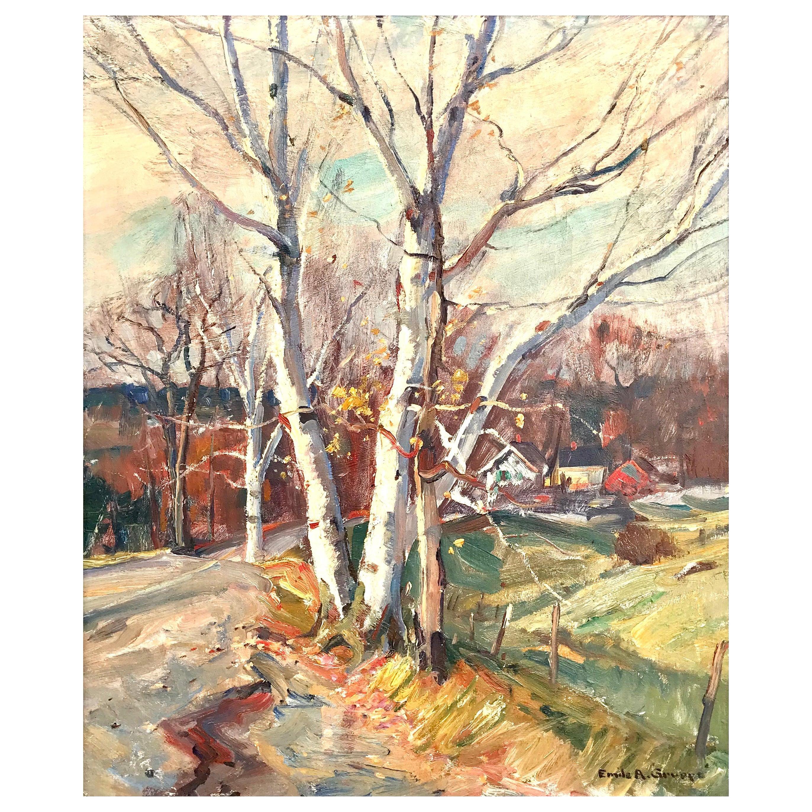 Emile Albert Gruppe Birches Along The Road
Signed:. l.r. Emile A. Gruppe; also signed and titled on stretcher
Oil On Canvas
Dimensions: 30 by 25 inches
Framed 34.5 by 29.5 inches

Another signature Massachusetts or Vermont birth painting during the