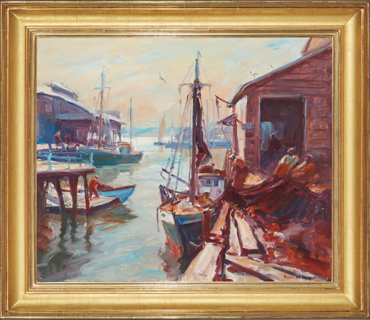 Emile Albert Gruppe (1896-1978)
Hauling in the nets
Oil on canvas
Signed lower right: Emile A. Gruppe
30" H x 36" W

A large and important classic by Gruppe of the Gloucester nautical life during the 1950’s. Gruppe’s signature paint color pallet is