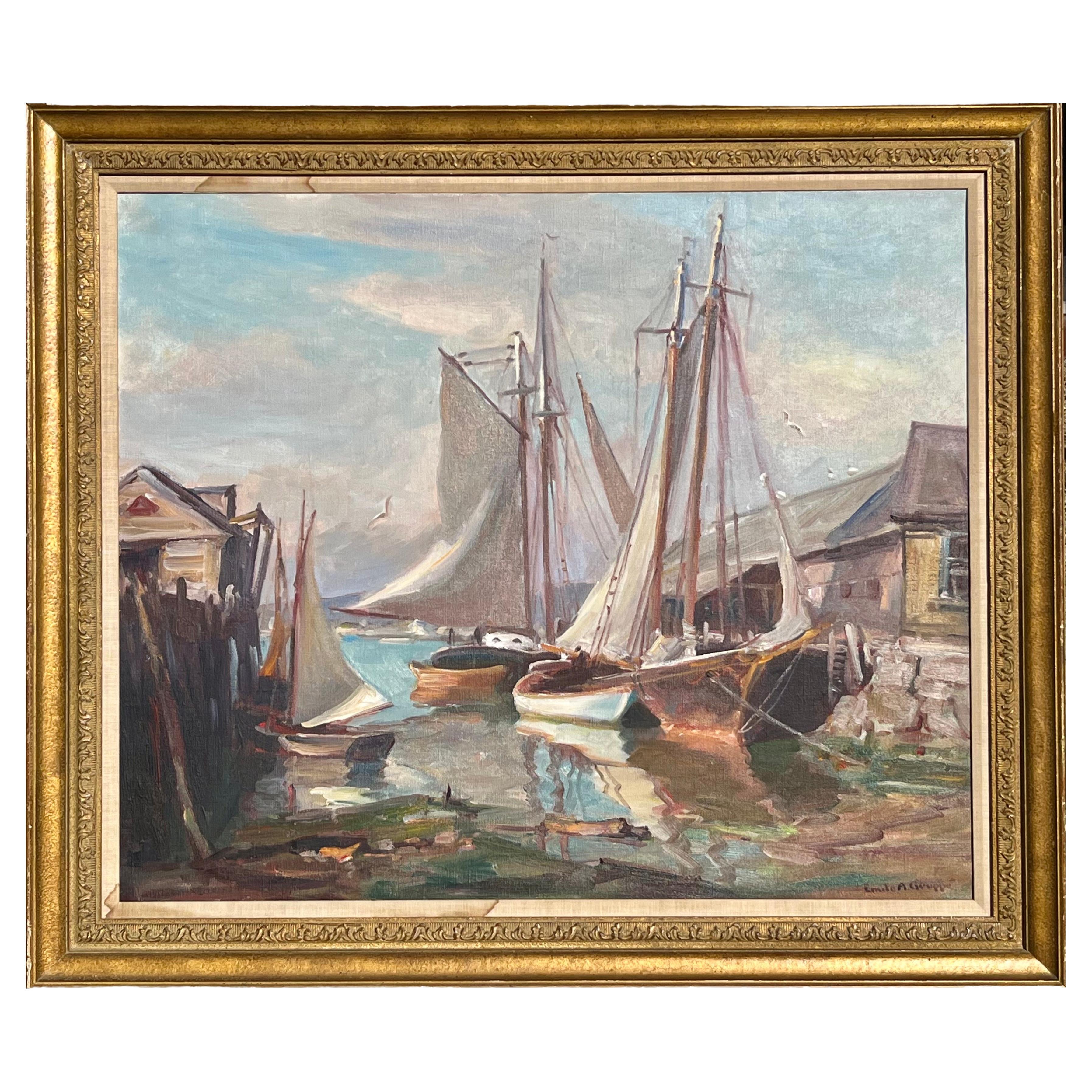Emile A. Gruppe (Am. 1896 - 1978) large oil Maritime painting Gloucester MA. Circa 1960. The clouds are clearing up in Gloucester Harbor after a spring rain on the net haulers and fishermen. The blue skies, sunshine and warm breeze dry the sails