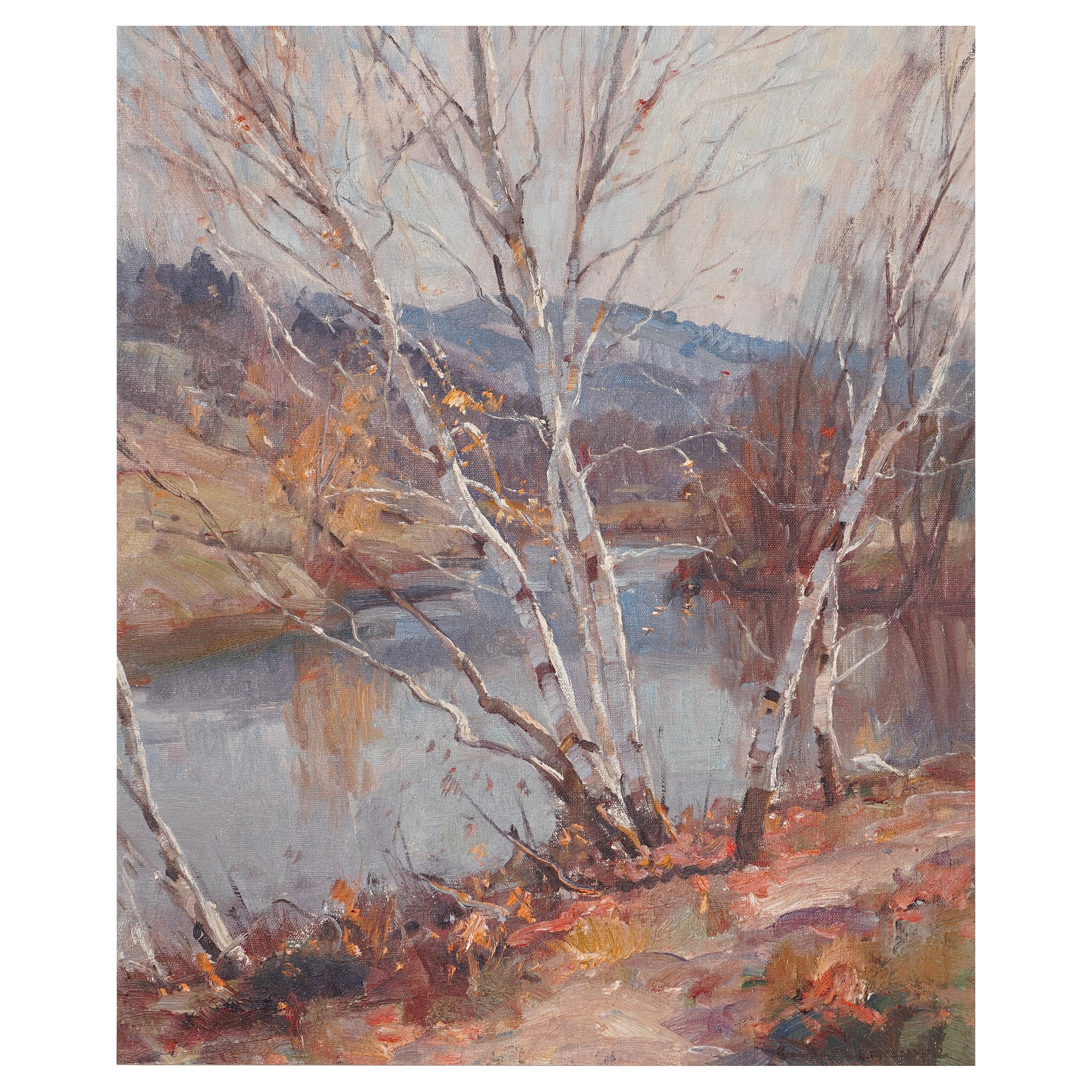Emile Albert Gruppe (Am. 1896-1978) Oil Painting
Oil on canvas.
Titled on verso “Fall Birches Along The River By Emile A. Gruppe” 
Canvas: 20 x 24 Inches
Frame: 26 x 30 Inches

Another wonderful impressionist landscape rendering by Emile Gruppe of a