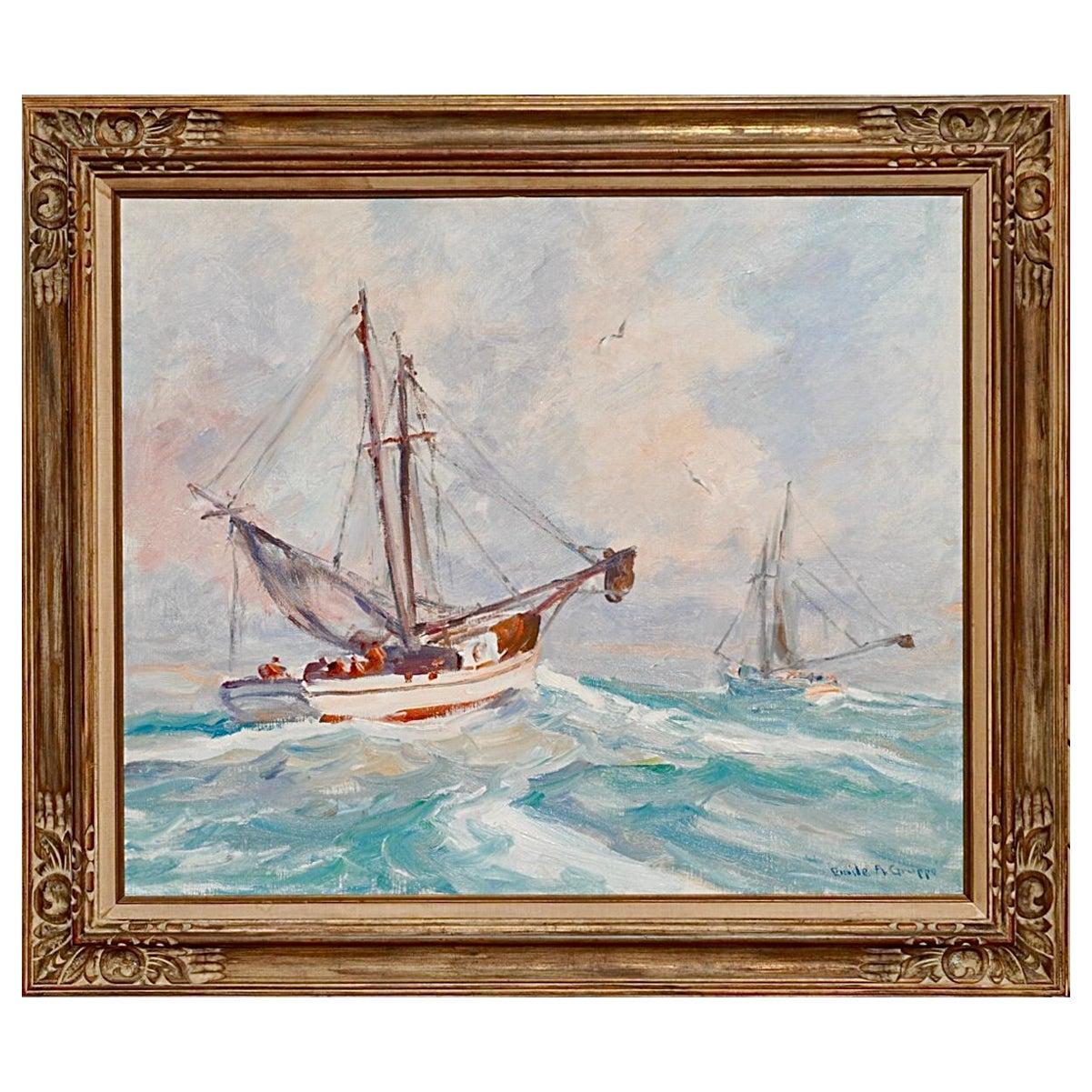 Emile Gruppé (1896-1978)
Fishing Boats 

A large and commanding marine sailboat fishing boat scene with blue waters and blue skies. Birds are flying up above and fish swimming below and the one task at hand is collecting those fish. The elaborate