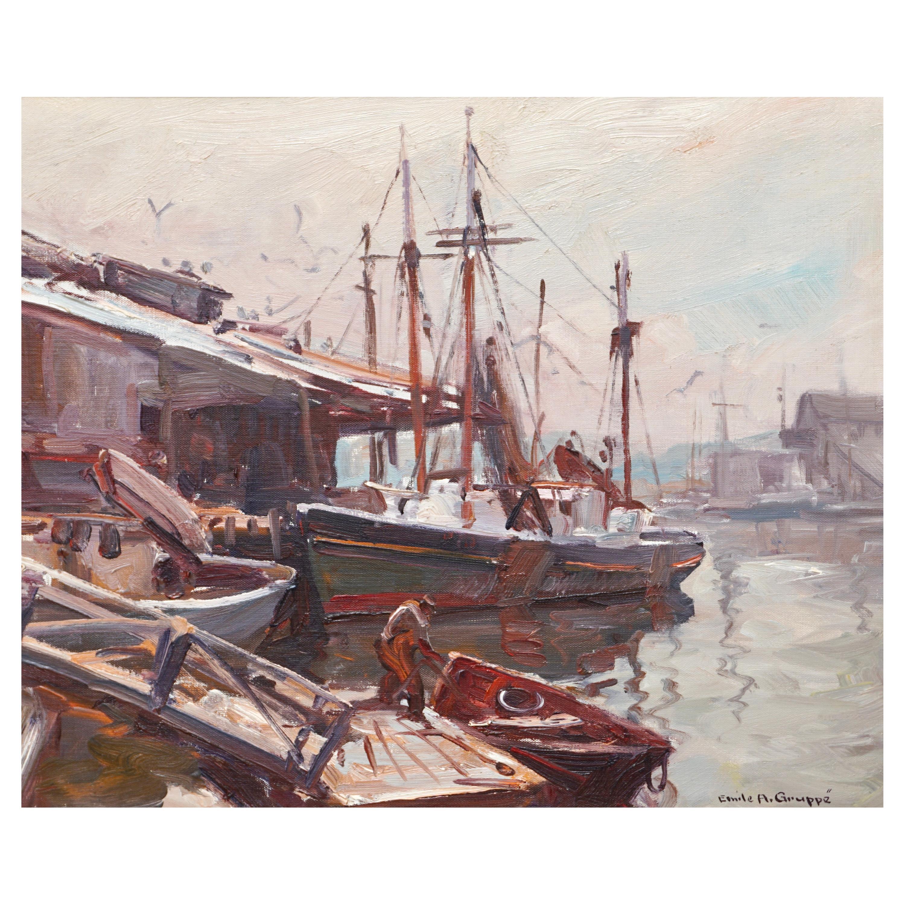 Emile Albert Gruppe (American, 1896-1978) Gloucester Docks, circa 1950
Oil on canvas 20 x 24 inches (50.8 x 61.0 cm) 
Original Frame: 26 X 30 Inches
Signed lower right: Emile A. Gruppe Signed and titled on the stretcher: Gloucester Docks by Emile A.