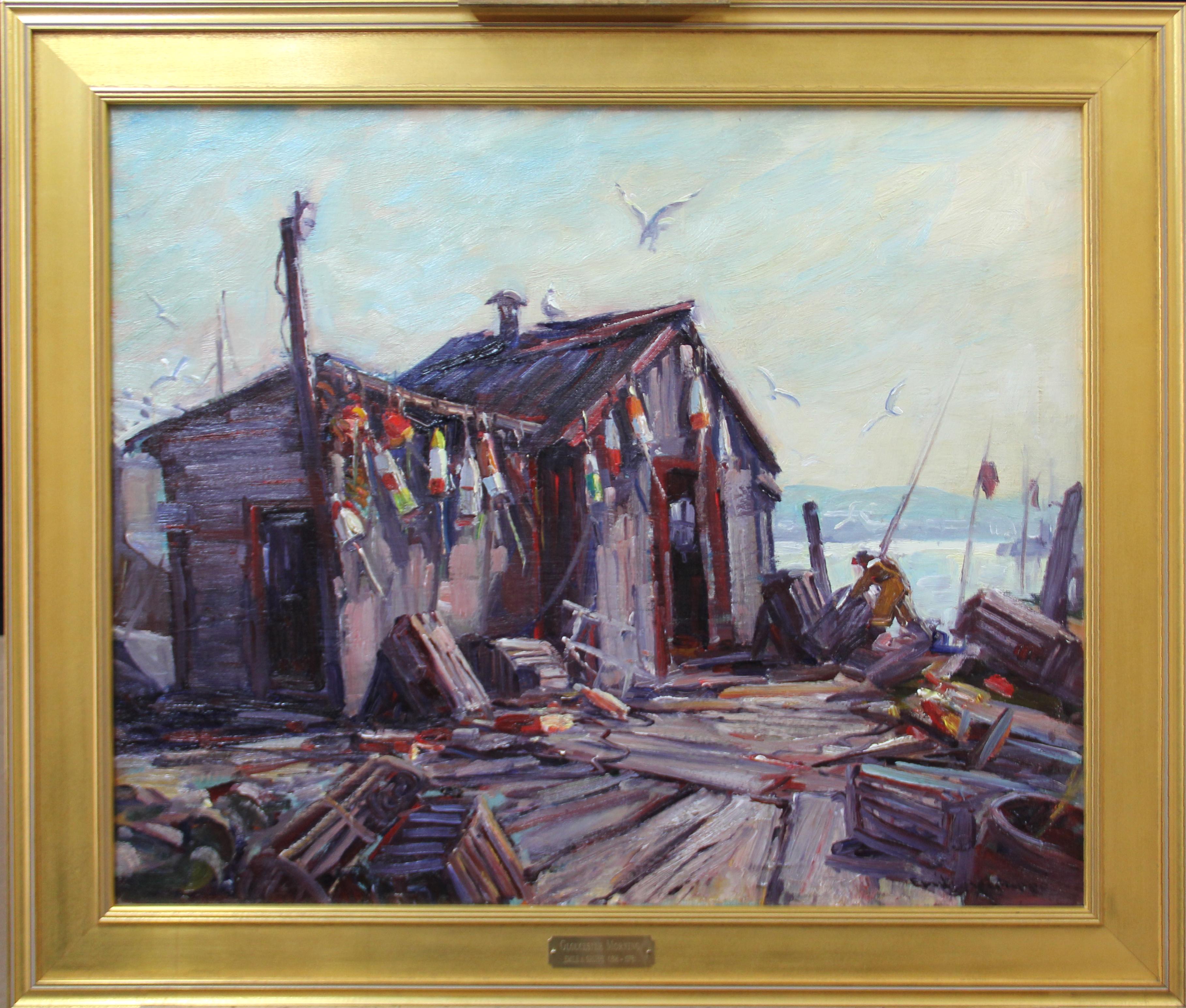 "Gloucester Morning" by Emile Albert Gruppe (1896 - 1978), is a 25" x 30" oil on canvas marine/harbor scene. It is signed "Emile Gruppe" in the lower right and is framed in a 22K gold reproduction frame. The painting came from a private Collection,