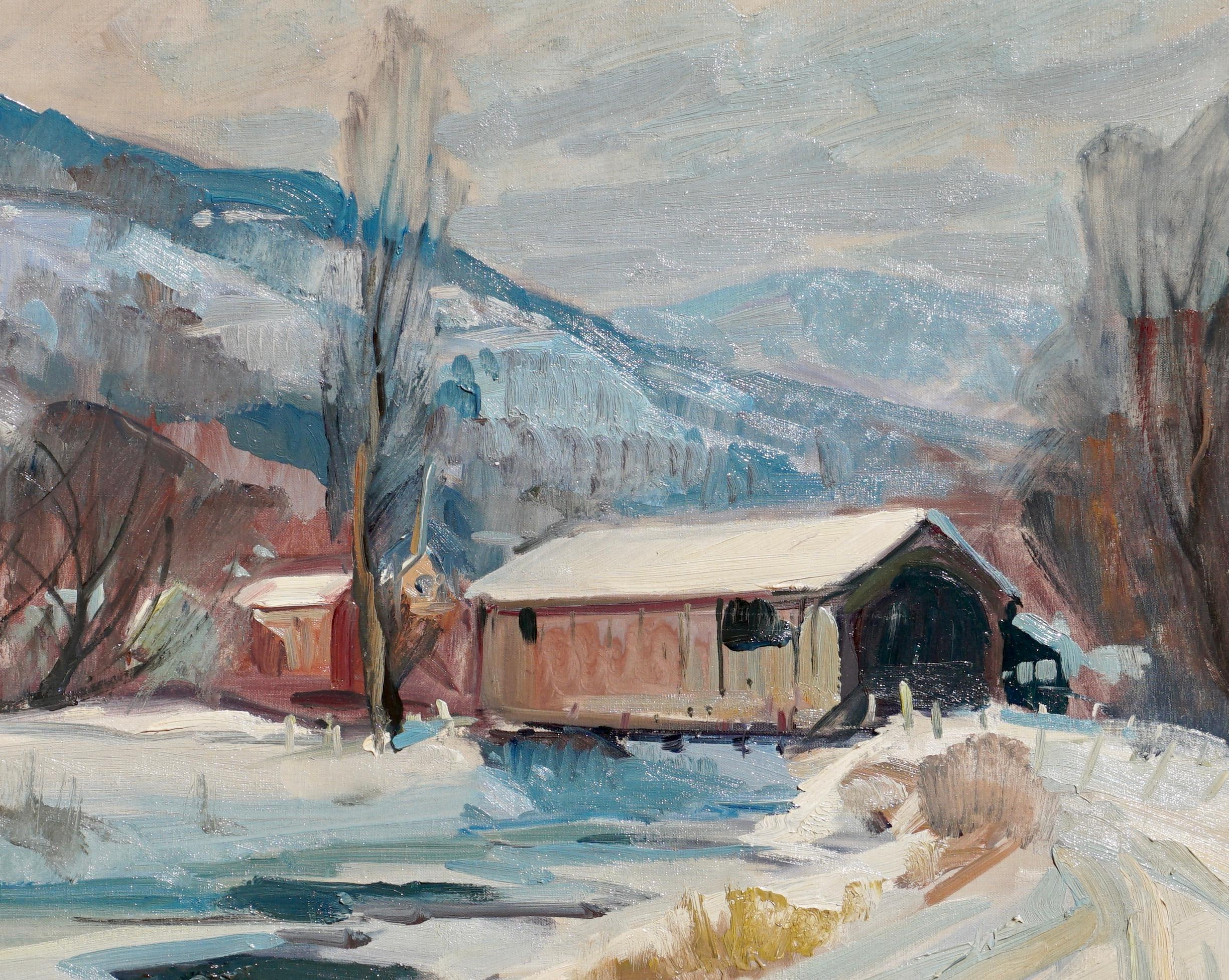 Emile Albert Gruppe 'Mass 1896-1978' “Covered Bridge” Snow Painting For Sale 1