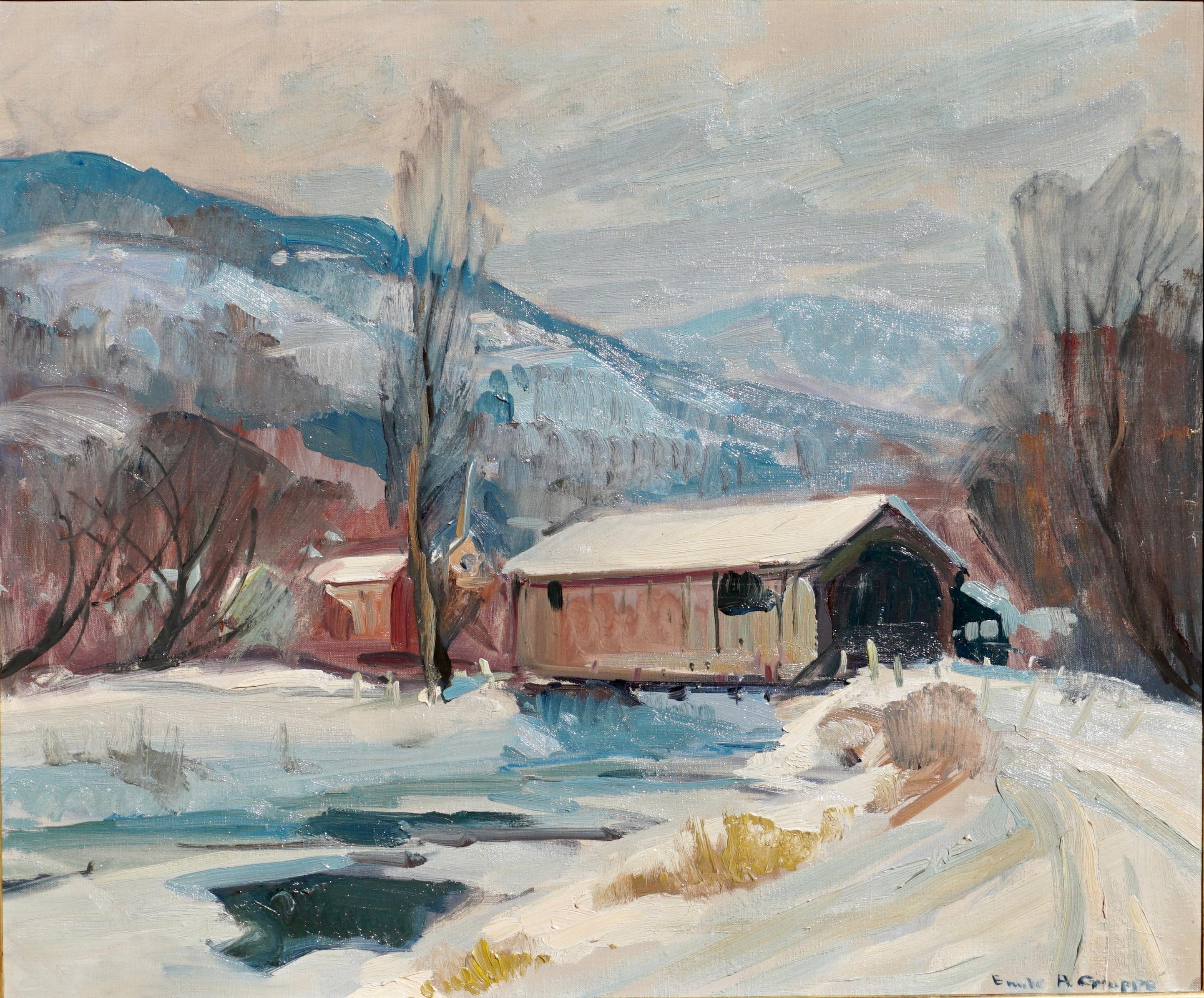 Emile Albert Gruppe 'Mass 1896-1978' “Covered Bridge” Snow Painting For Sale 3