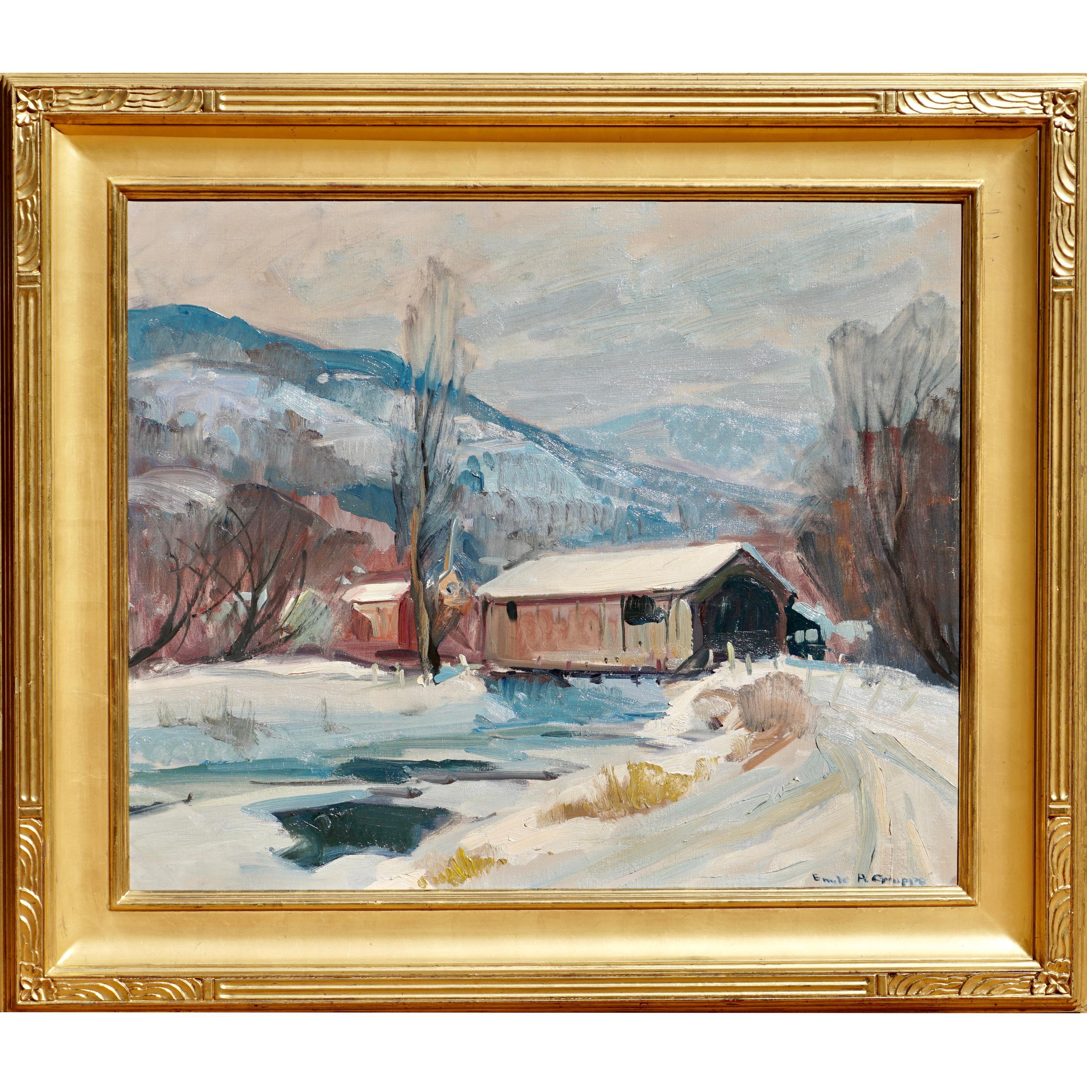 Another delightful large painting by the post impressionist master; Emile Albert Gruppe. The landscape take you down a snow covered road by a cool icy running stream through a New England covered bridge arriving at a canyon village surrounded by