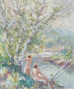 Emile Albert Gruppe “Nymphs” Oil Painting Nudes by a River