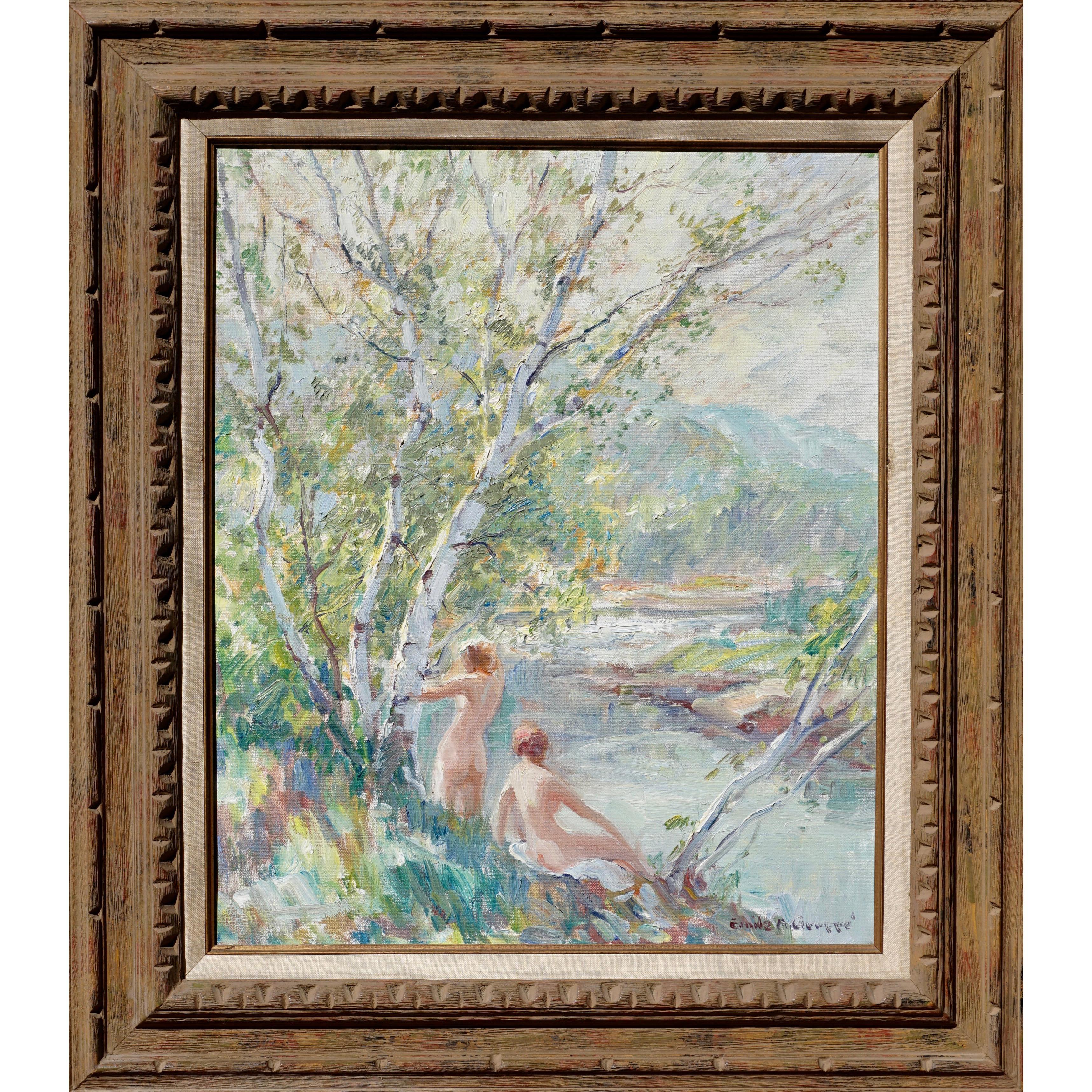 An absolutely amazing post Impressionist painting with a cascade of bright colors showing nudes by a riverside with birch trees in the foreground and mountains in the background. Emile Gruppe turned out countless paintings so when you find a diamond