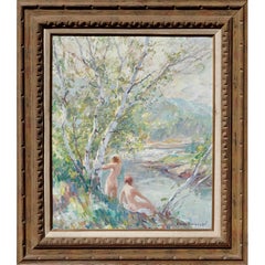 Vintage Emile Albert Gruppe “Nymphs” Oil Painting Nudes by a River
