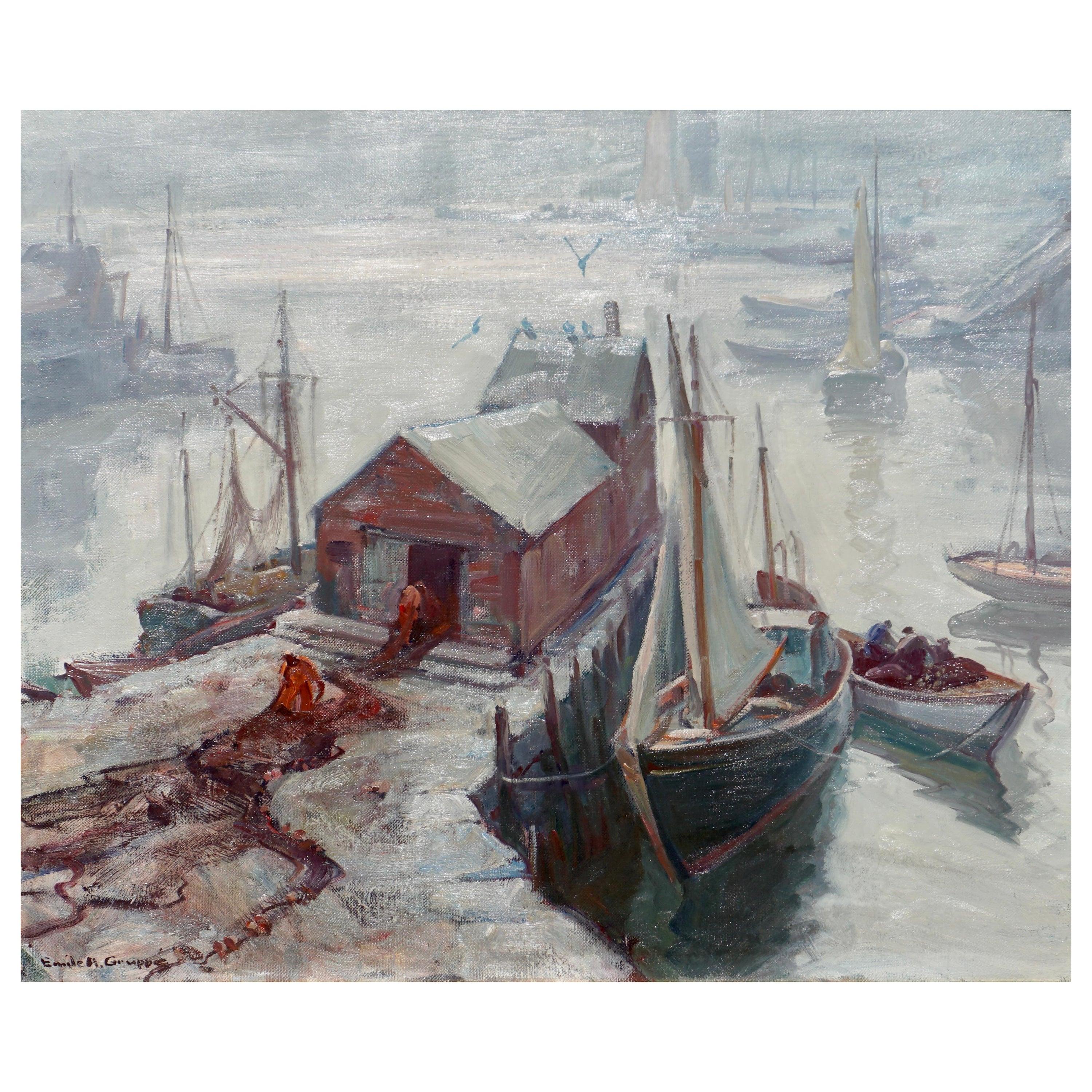 Emile Gruppe (American, 1896-1978) Motif #1, Rockport, Massachusetts. A cold , rainy and gray morning or evening in Rockport gethhing the nets in order to start the day of fishing and an honest days work.

Oil on canvas. Signed (lower left) and