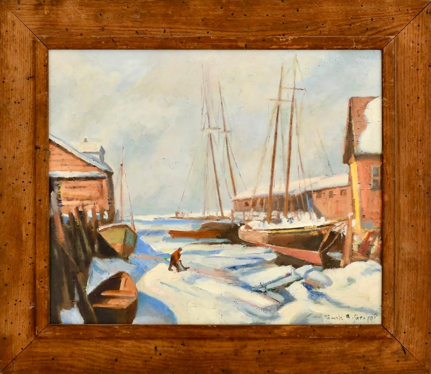 Emile Albert Gruppe (American, 1896-1978)
"Winter - Gloucester, Mass"
Oil on canvas
Signed "Emile A. Gruppe" (lower right)
Canvas: 20 x 24 Inchesinches
Framed: 27 x 31 inches 

Provenance: The Ron Anderson Collection, Litchfield,