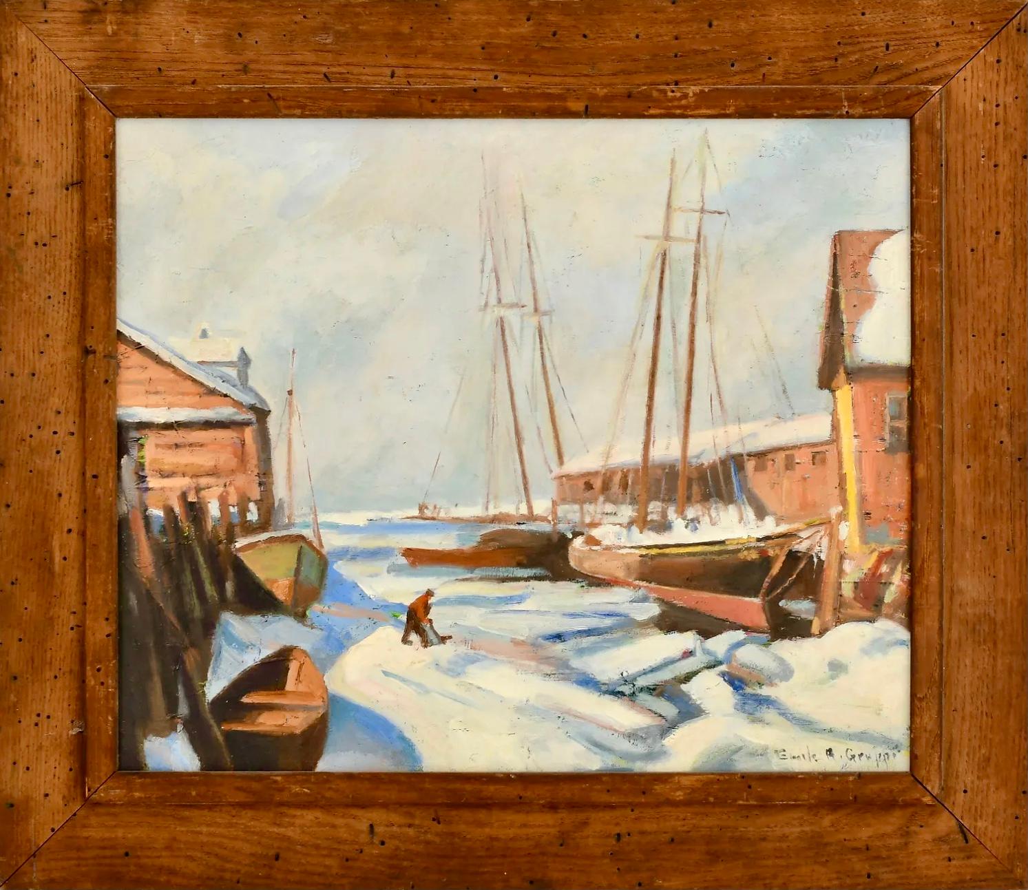 Emile Albert Gruppe (americano, 1896-1978)
"A. Winter - Gloucester, Mass.
Olio su tela
Firmato "Emile A. Gruppe" (in basso a destra)
Tela: 20 x 24 pollici
Incorniciato: 27 x 31 pollici 

Provenienza: The Ron Anderson Collection, Litchfield,