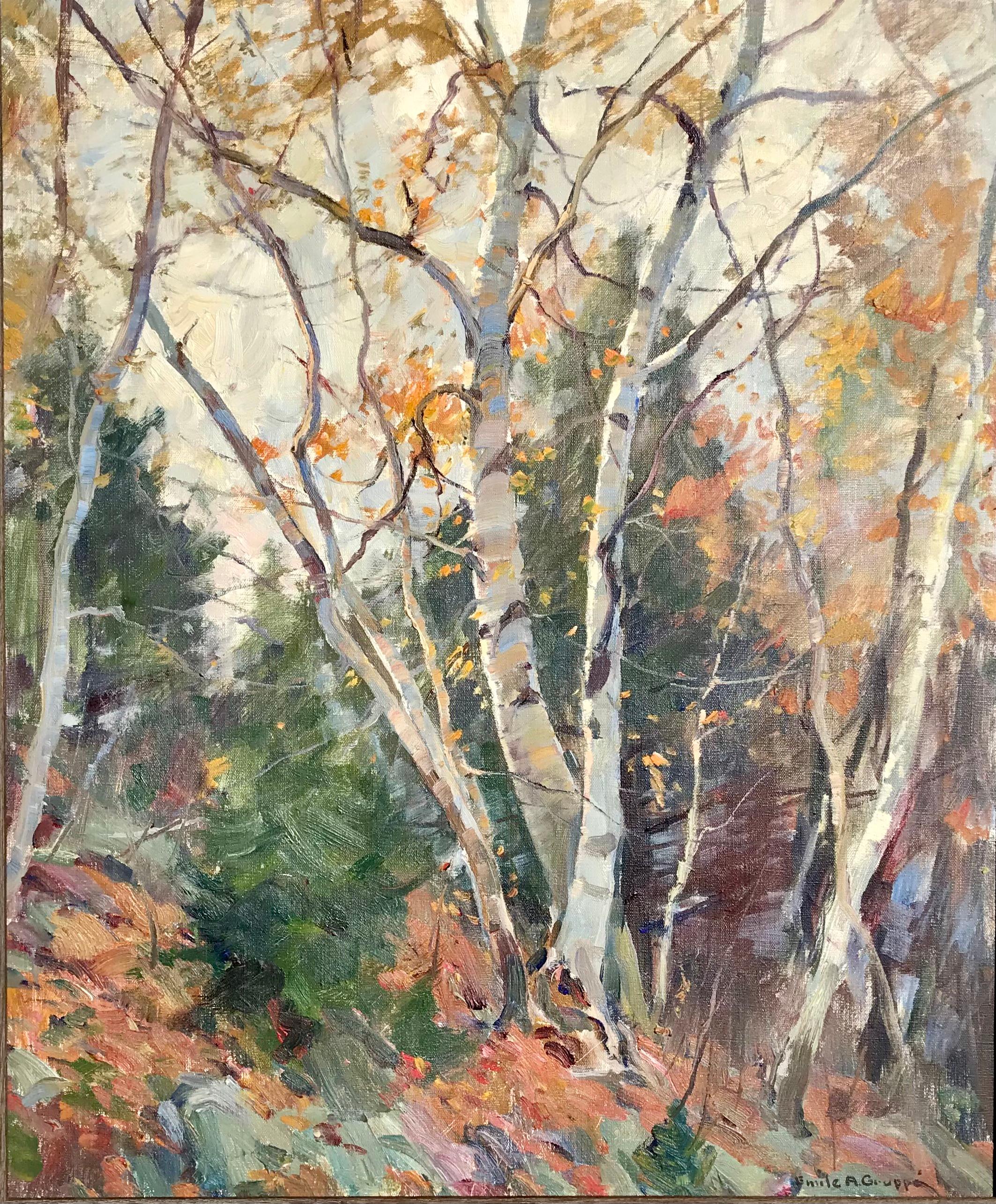 Abedules de otoño con árboles de hoja perenne - Painting de Emile Albert Gruppe