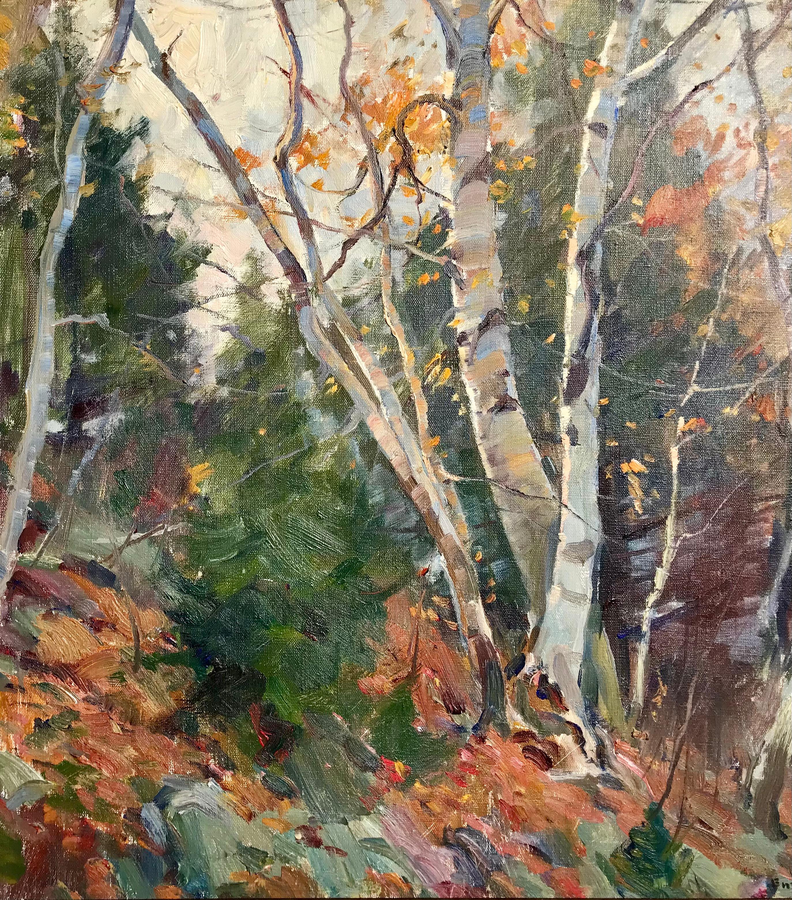 Abedules de otoño con árboles de hoja perenne - Landscape Painting Marrón de Emile Albert Gruppe