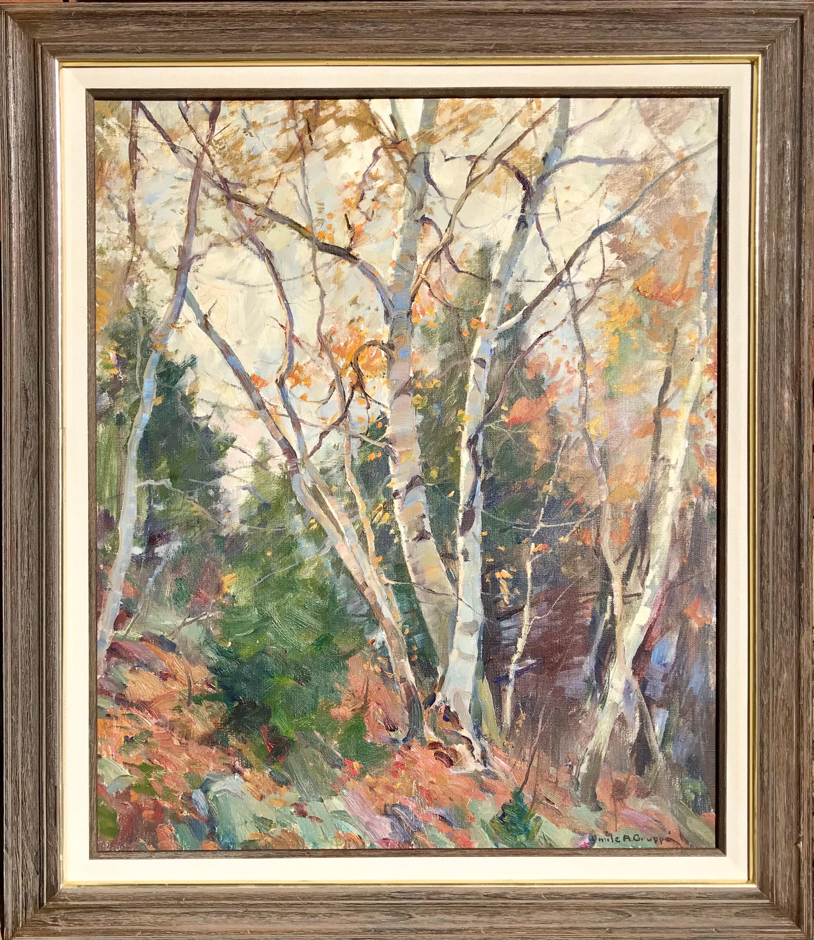 Landscape Painting de Emile Albert Gruppe - Abedules de otoño con árboles de hoja perenne