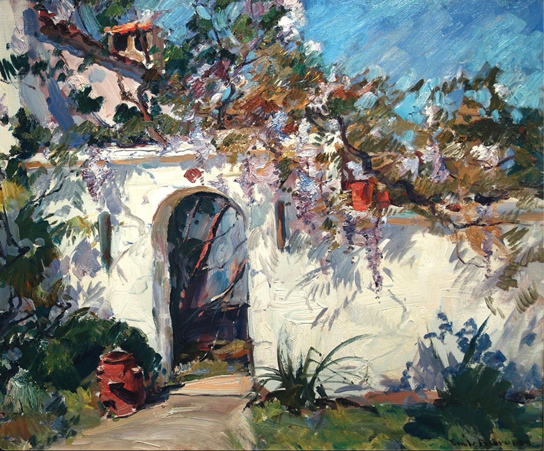 Landscape Painting de Emile Albert Gruppe - Flores en un patio, Florida