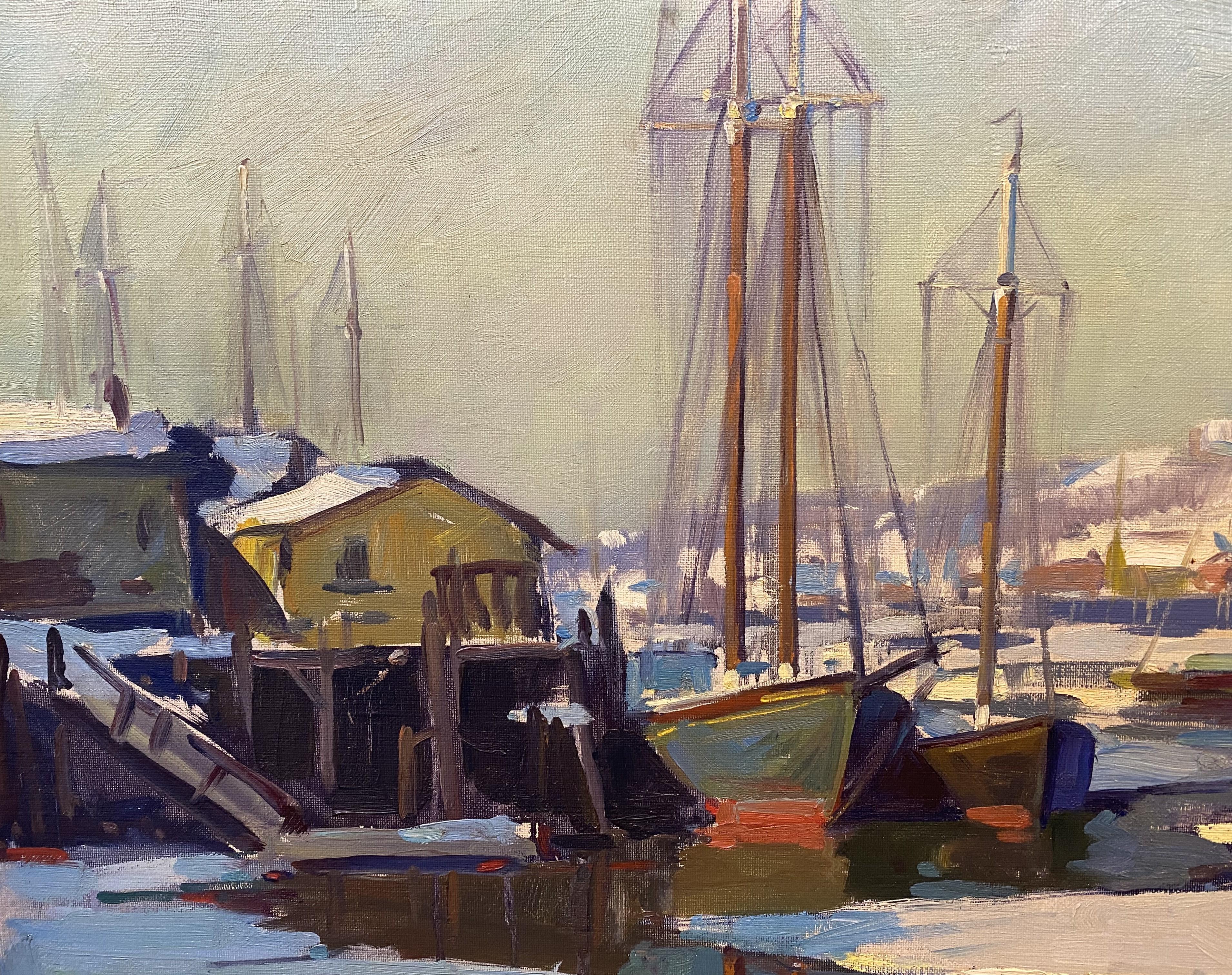 An exceptional winter marine oil painting of Gloucester Harbor with boats on Cape Ann by American artist Emile Albert Gruppe (1896-1978). Gruppé was born in Rochester, NY, and is renowned for his New England landscapes and vigorous portrayals of the