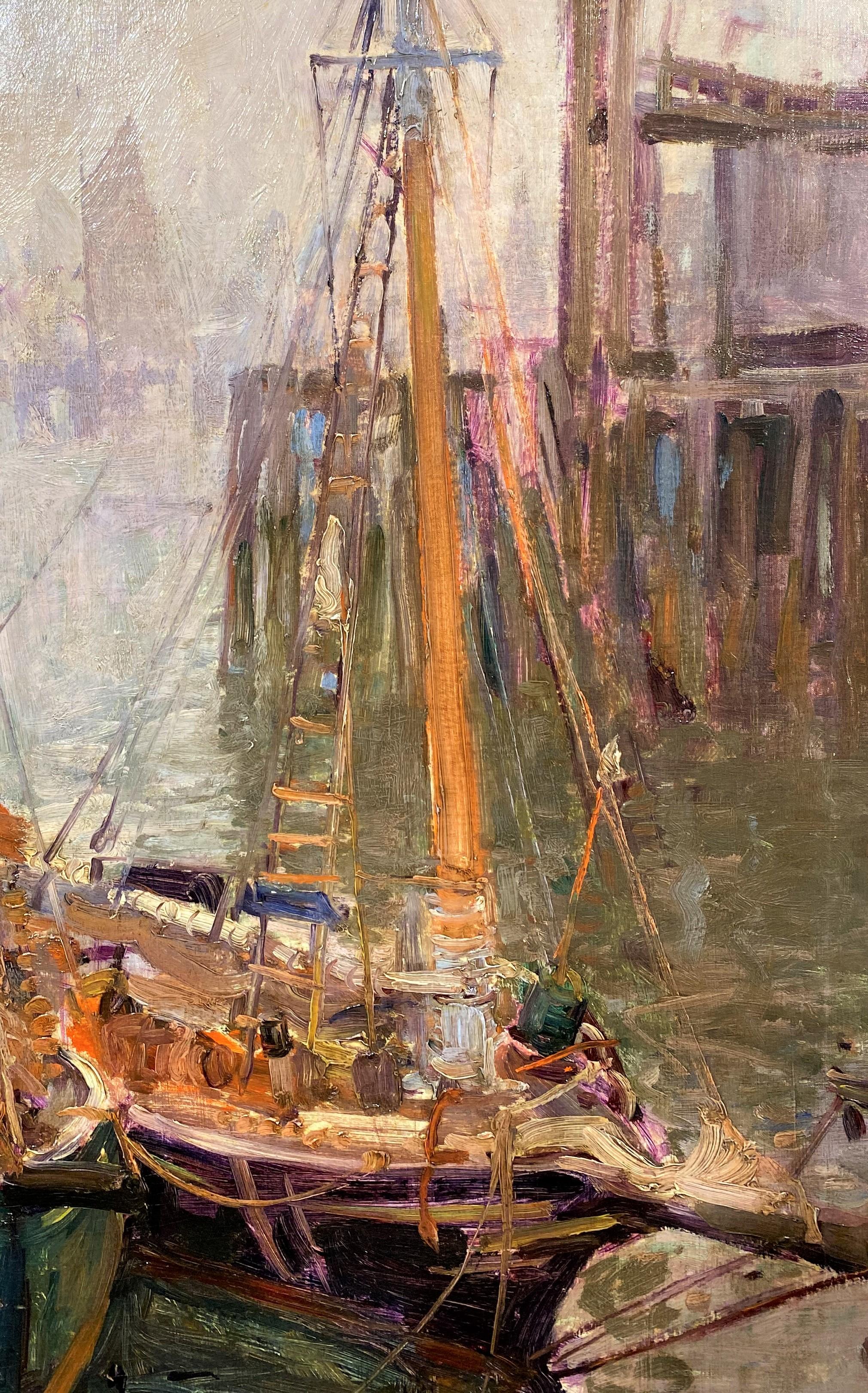 Bateaux Gloucester - Impressionnisme américain Painting par Emile Albert Gruppe
