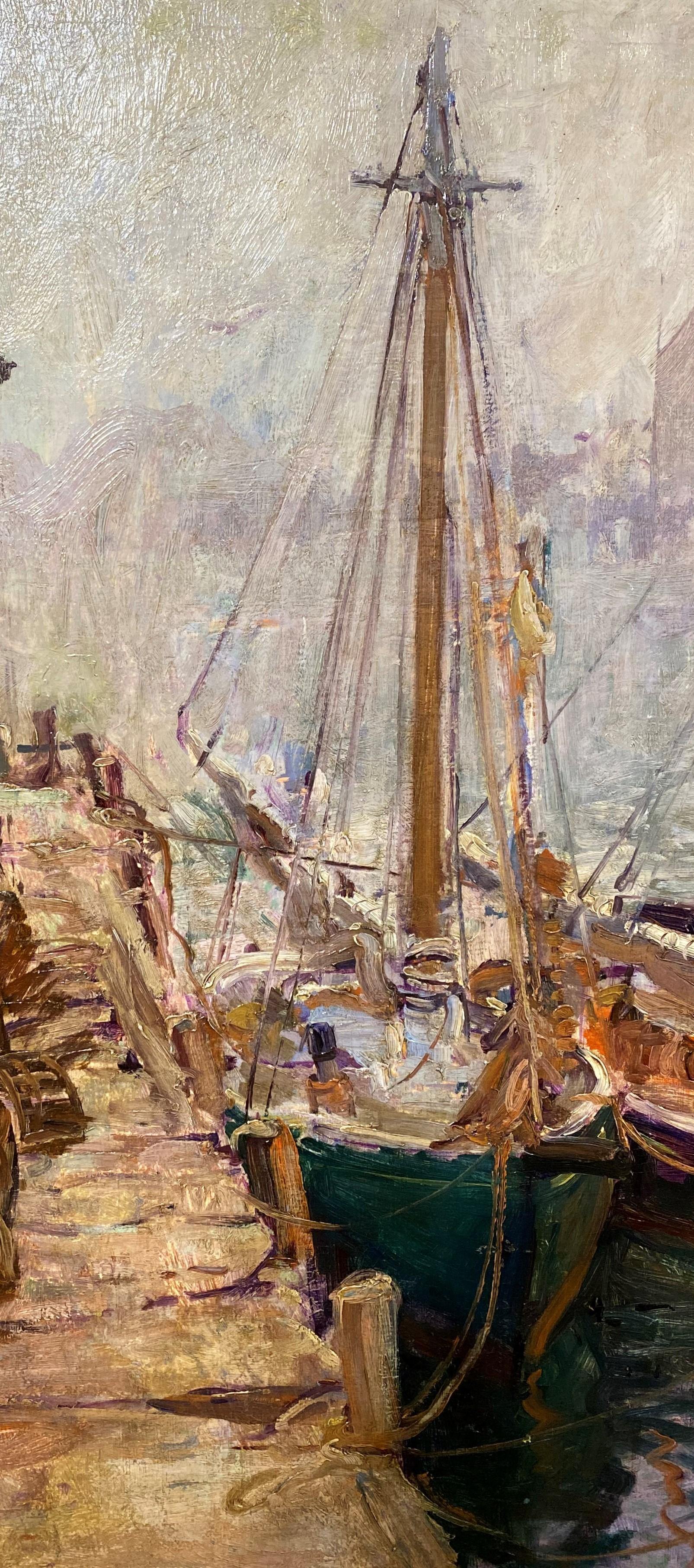 Une belle scène de port impressionniste avec des bateaux à Gloucester par l'artiste américain Emile Albert Gruppe (1896-1978). Né à Rochester, dans l'État de New York, Marin est devenu un paysagiste et un peintre de marine renommé de la