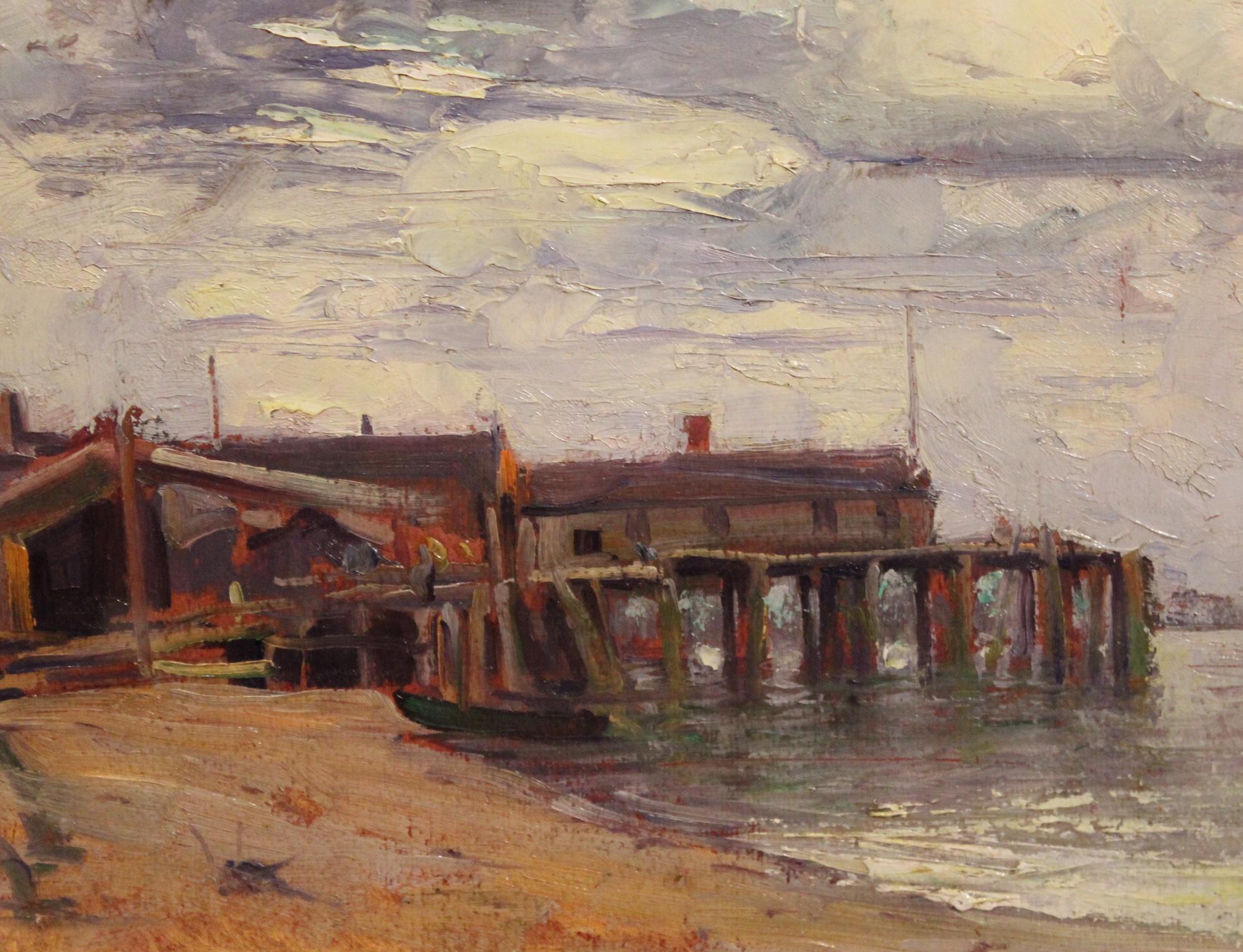 Dieses schöne Ölgemälde eines Docks in Provincetown auf Cape Cod stammt von dem amerikanischen Künstler Emile Albert Gruppe (1896-1978). Gruppe wurde in Rochester, NY, geboren und entwickelte sich zu einem bekannten Landschafts- und Marinemaler in