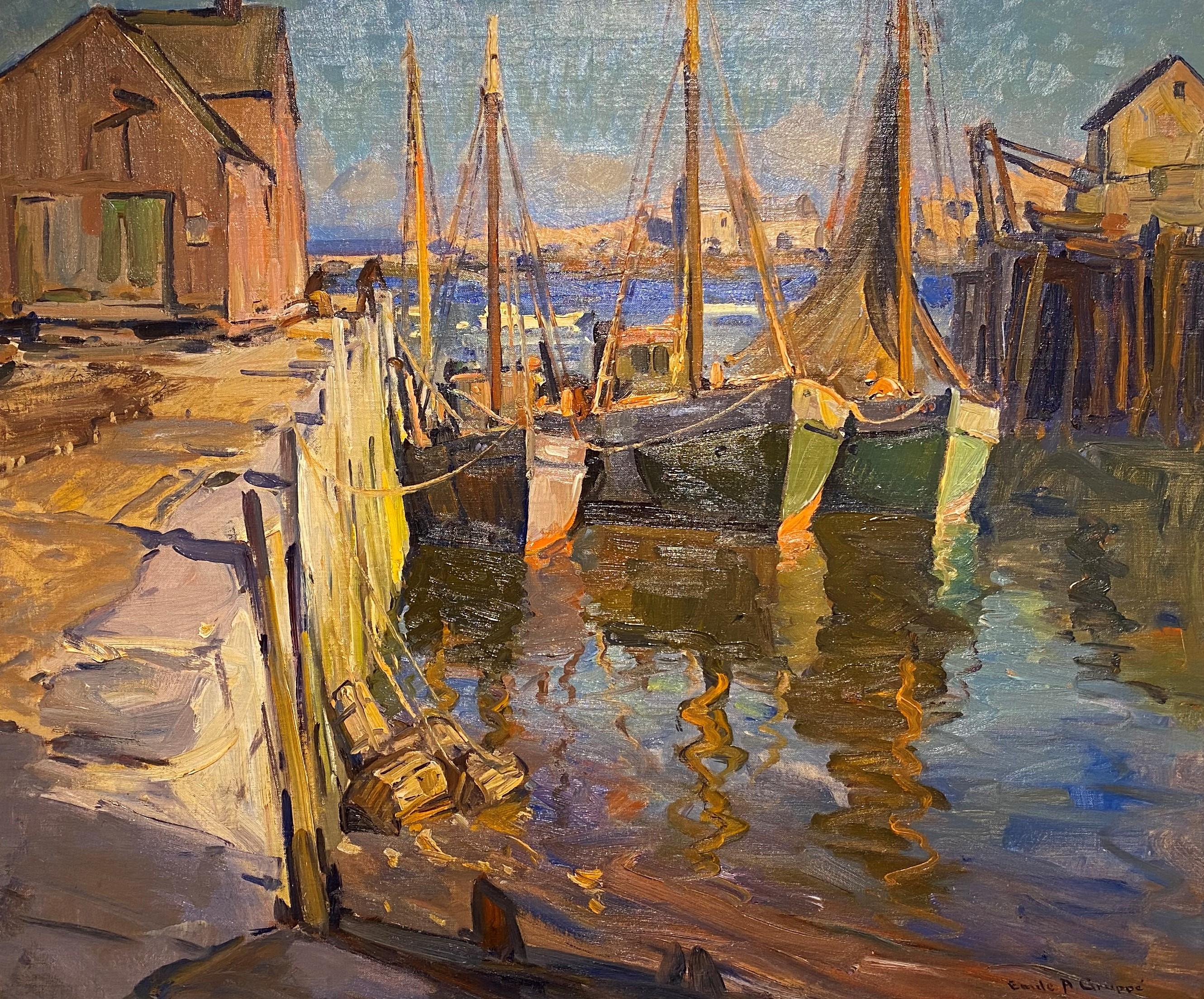 Sonnenuntergang, Rockport Harbor – Painting von Emile Albert Gruppe