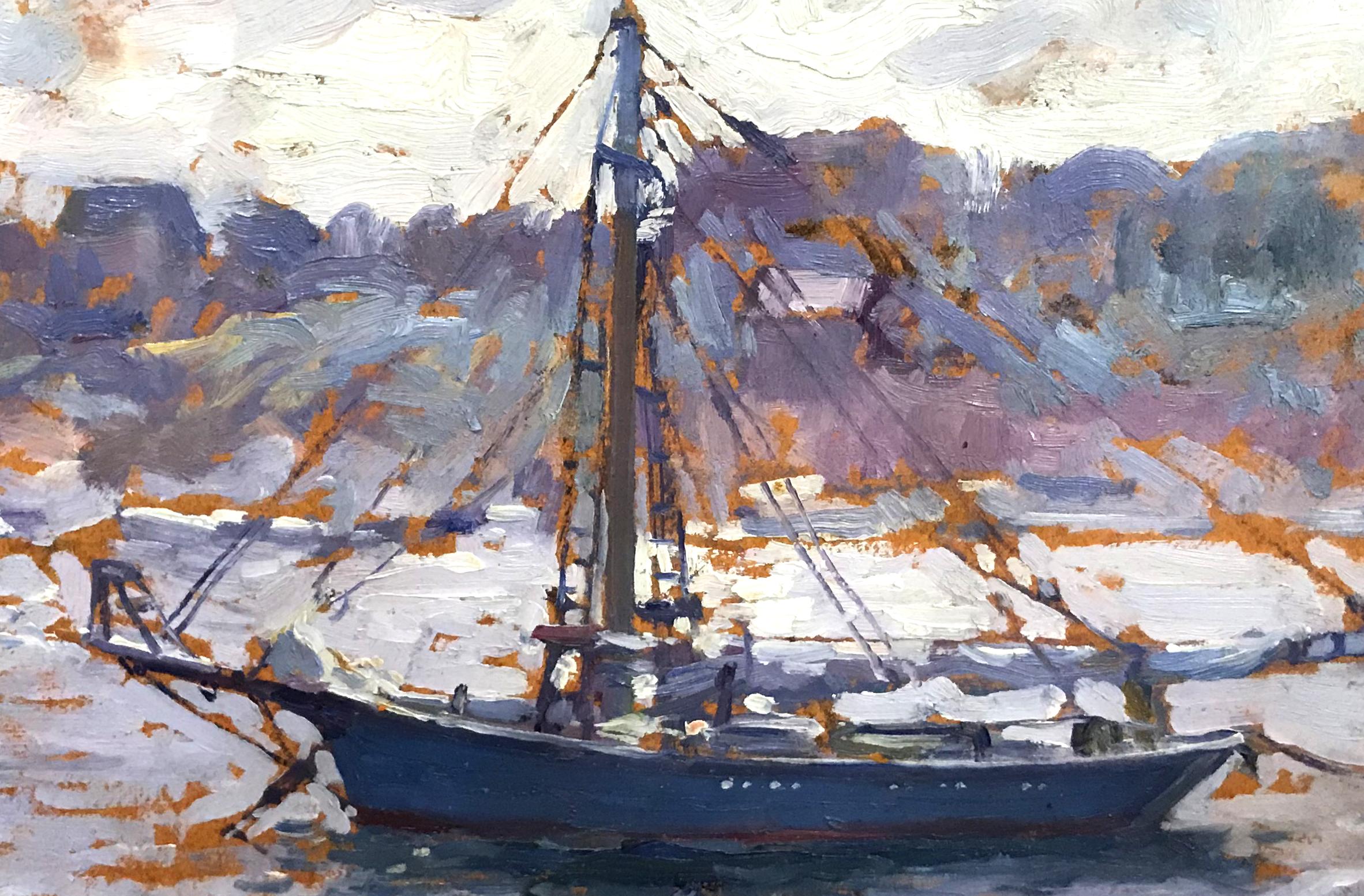 Peinture d'un port côtier de la côte nord du Massachusetts, au large de Cape Ann, avec un bateau bleu, par l'artiste américain Emile Albert Gruppe (1896-1978). Né à Rochester, dans l'État de New York, Gruppe est devenu un célèbre peintre de paysages