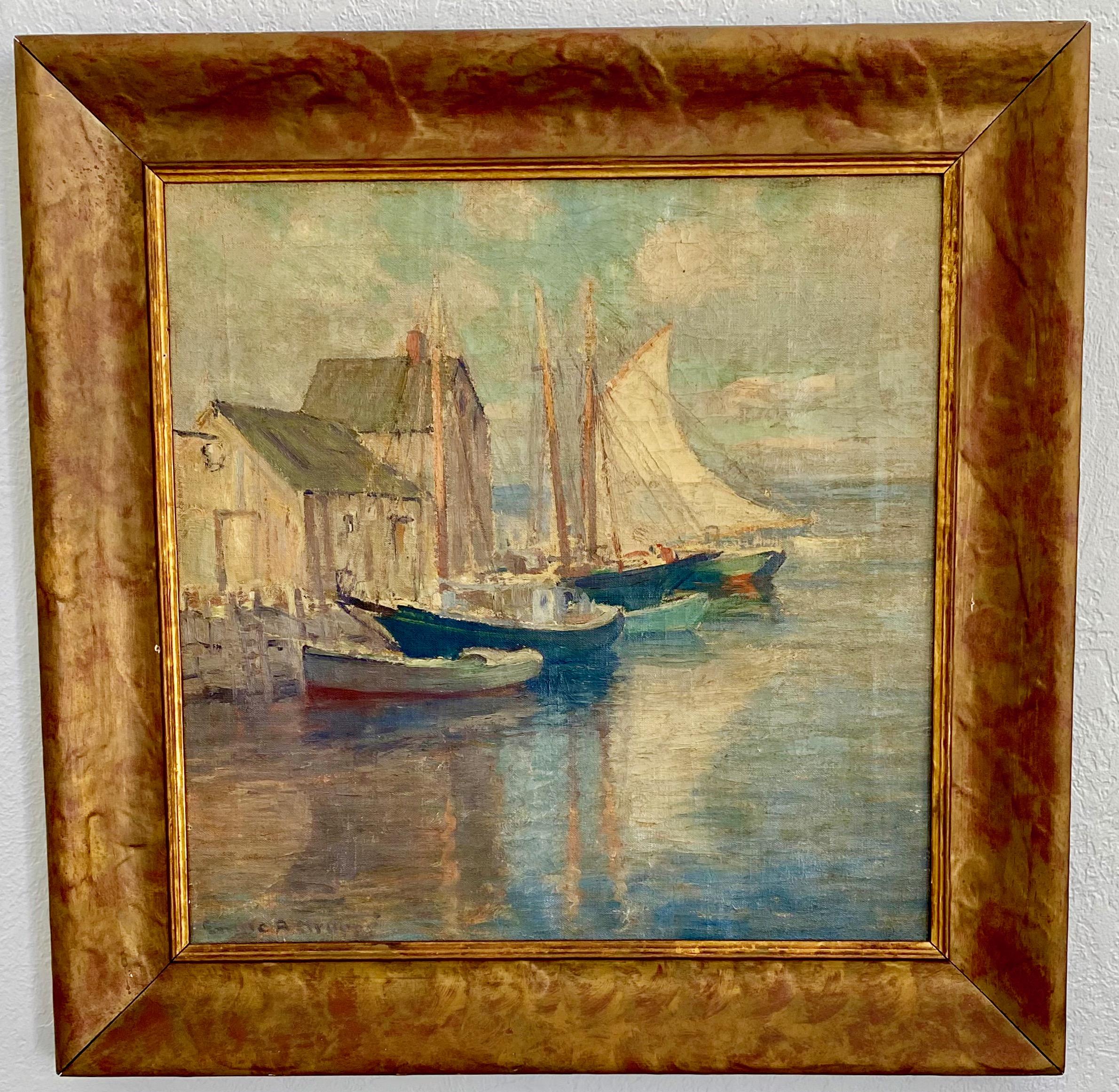 Hafenszene mit Segelbooten Seelandschaft
Signiert unten links, Leinwand 20x20, um 1930-40.
Emile Albert Gruppé wurde 1896 in Rochester, New York, geboren. Die ersten Jahre seines Lebens verbrachte er in den Niederlanden, da sein Vater, Charles P.