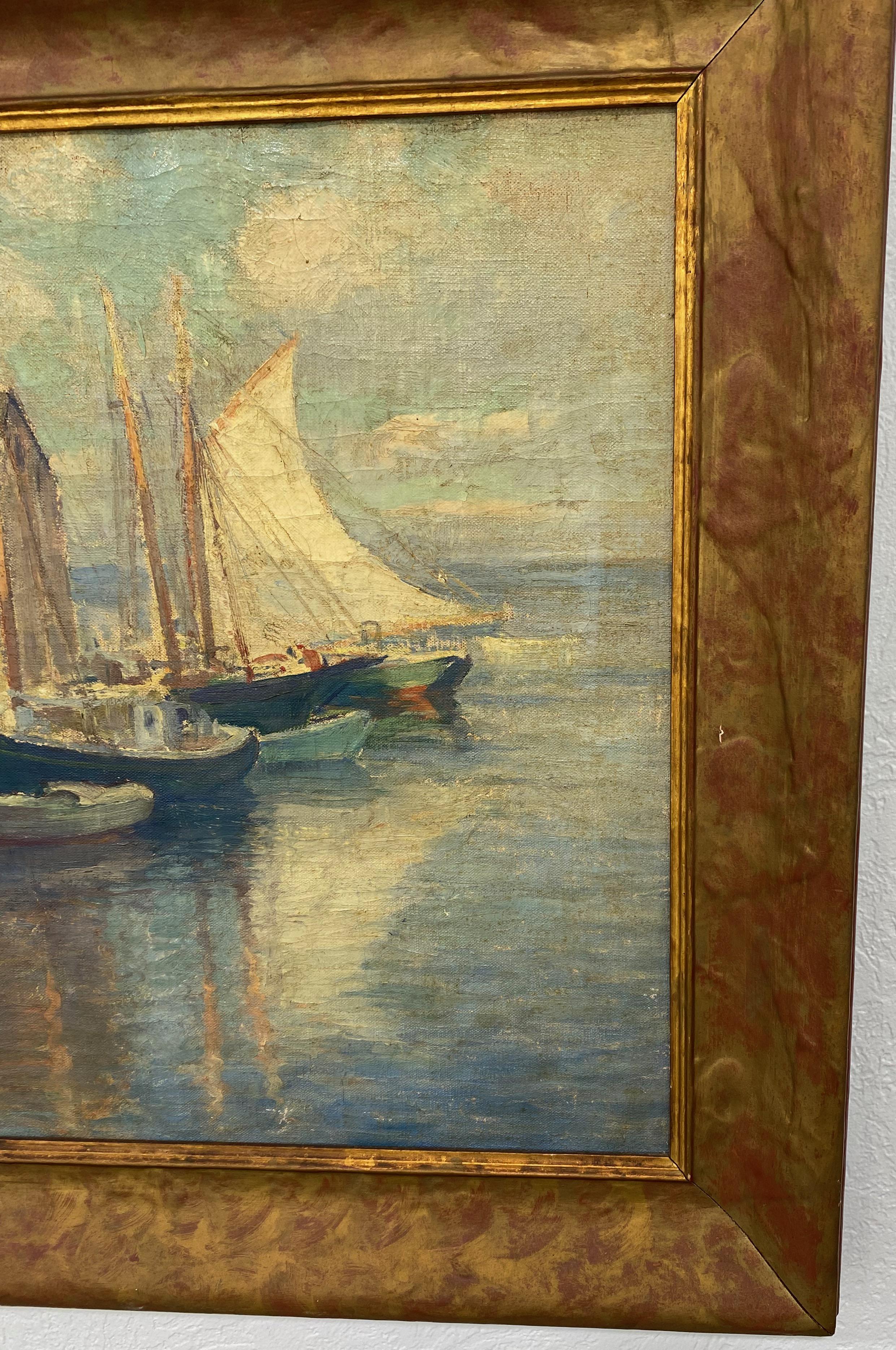 Escena de puerto con veleros Paisaje marino
Firmado abajo a la izquierda, lienzo 20x20, hacia 1930-40.
Emile Albert Gruppé nació en 1896 en Rochester, Nueva York. Vivió los primeros años de su vida en Holanda, ya que su padre, Charles P. Gruppé,