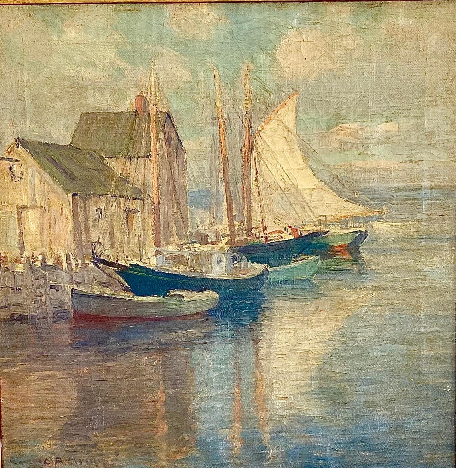 Emile Albert Gruppe Landscape Painting – Hafenszene mit Segelbooten Seelandschaft 