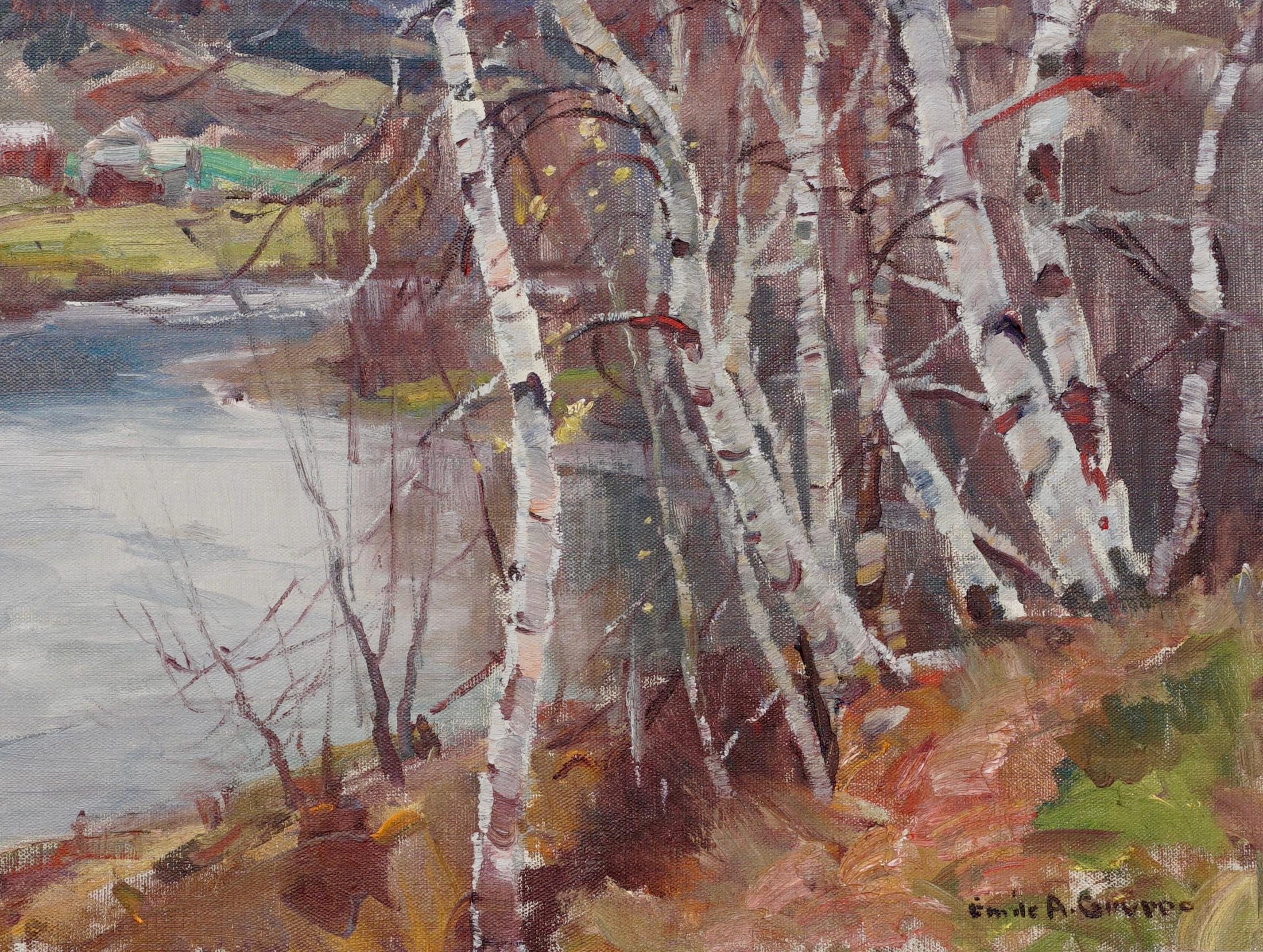Emile Albert Gruppe (American, 1896-1978) “Birches”

Landscape with farm on river bank and birches. Probably Vermont in fall. A very strong impressionist style covering may aspects such as sky, mountains, landscape, farm, a riverbank and birch
