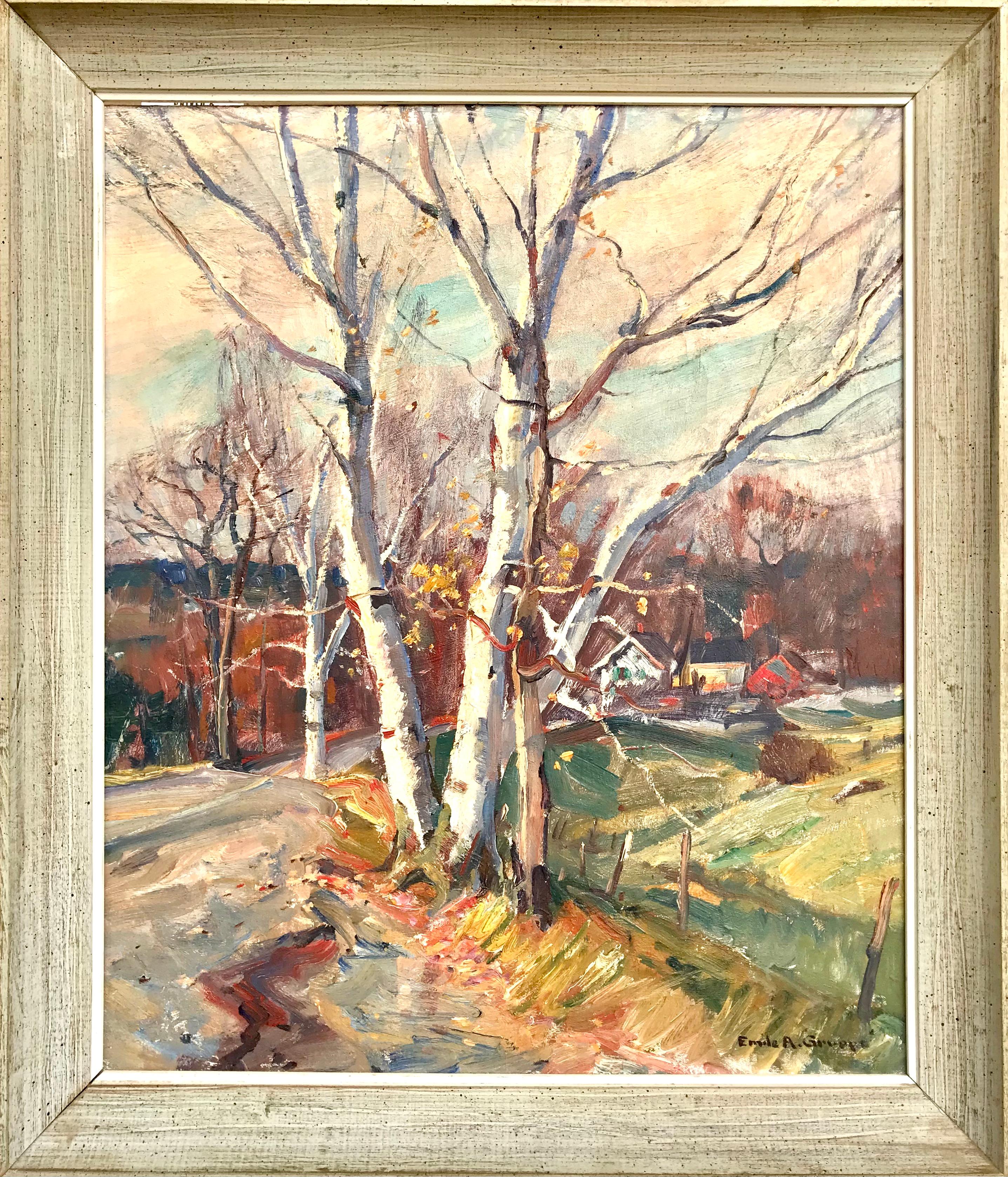 Emile Albert Gruppe Birches Along The Road
Signed:. l.r. Emile A. Gruppe; also signed and titled on stretcher
Oil On Canvas
Dimensions: 30 by 25 inches
Framed 34.5 by 29.5 inches

Another signature Massachusetts or Vermont birth painting during the