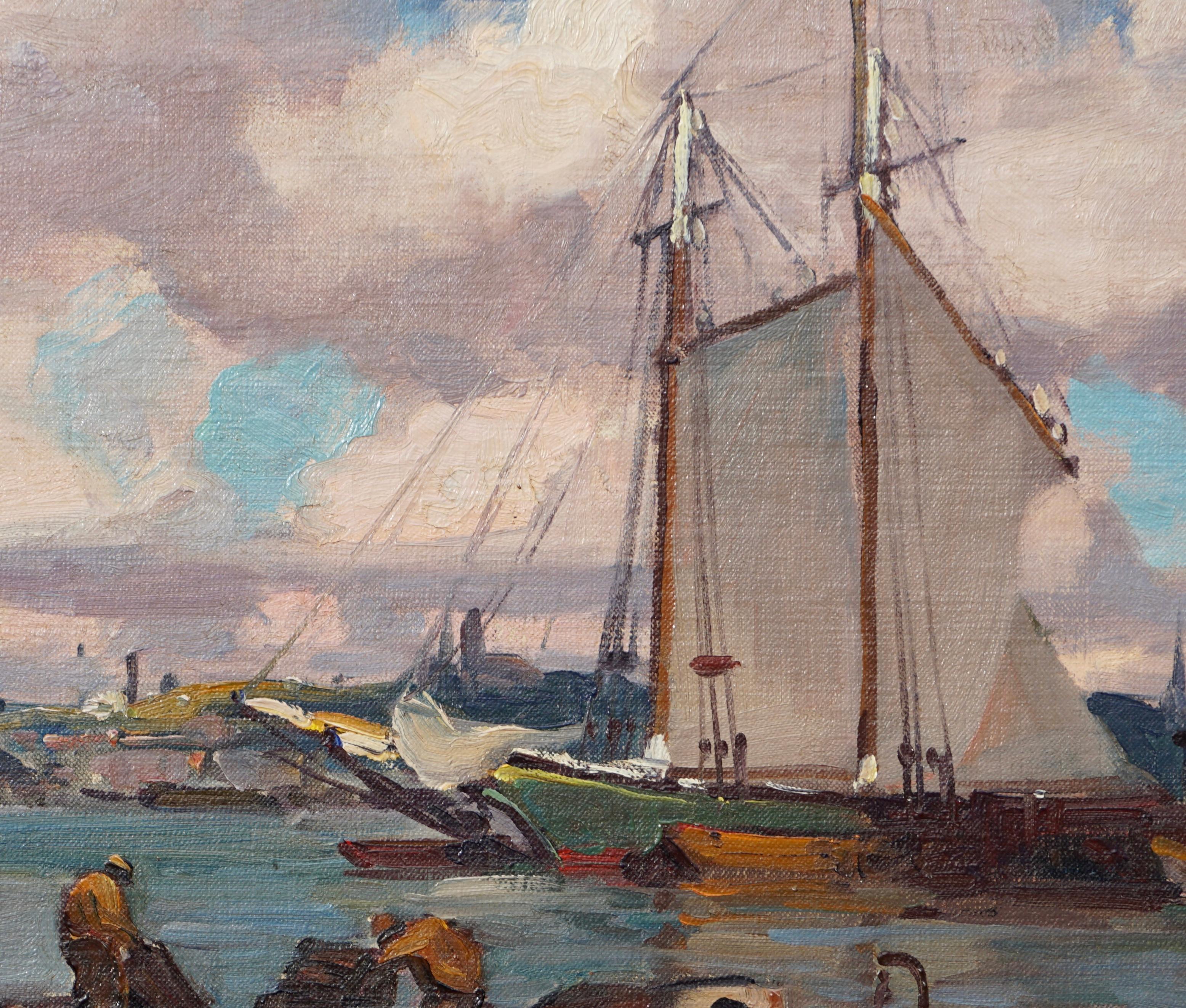 Hand-Painted Emile Albert Gruppe “Drying Sails at Gloucester Harbor”