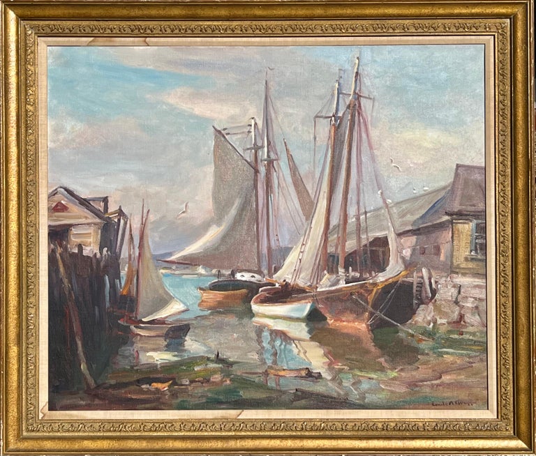 Emile A. Gruppe (Am. 1896 - 1978) large oil Maritime painting Gloucester MA. Circa 1960. The clouds are clearing up in Gloucester Harbor after a spring rain on the net haulers and fishermen. The blue skies, sunshine and warm breeze dry the sails