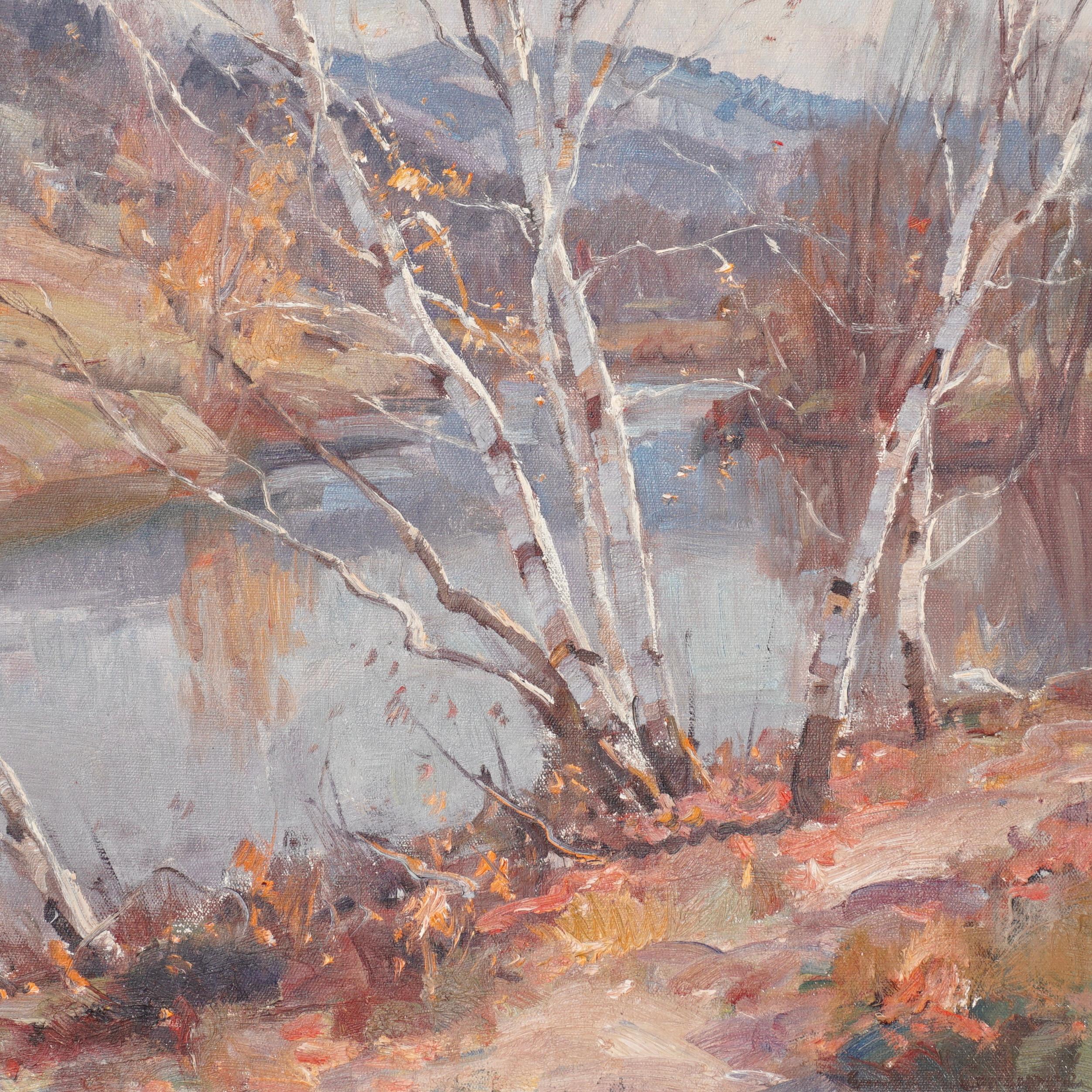 Hand-Painted Emile Albert Gruppe Fall Birches Along The River For Sale