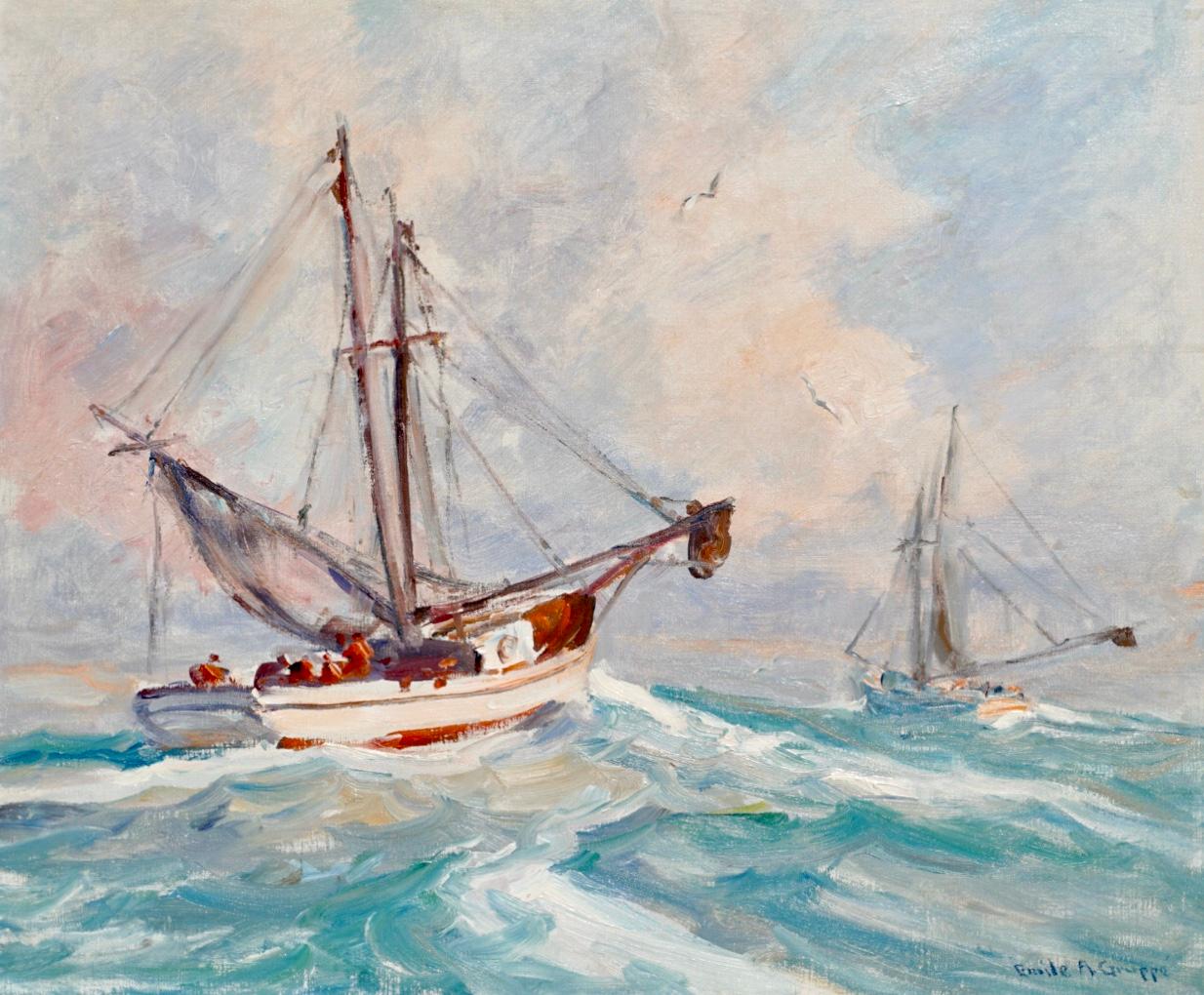 Mid-Century Modern Emile Albert Gruppe Fishing Boats Ex- Christies 30x36 For Sale