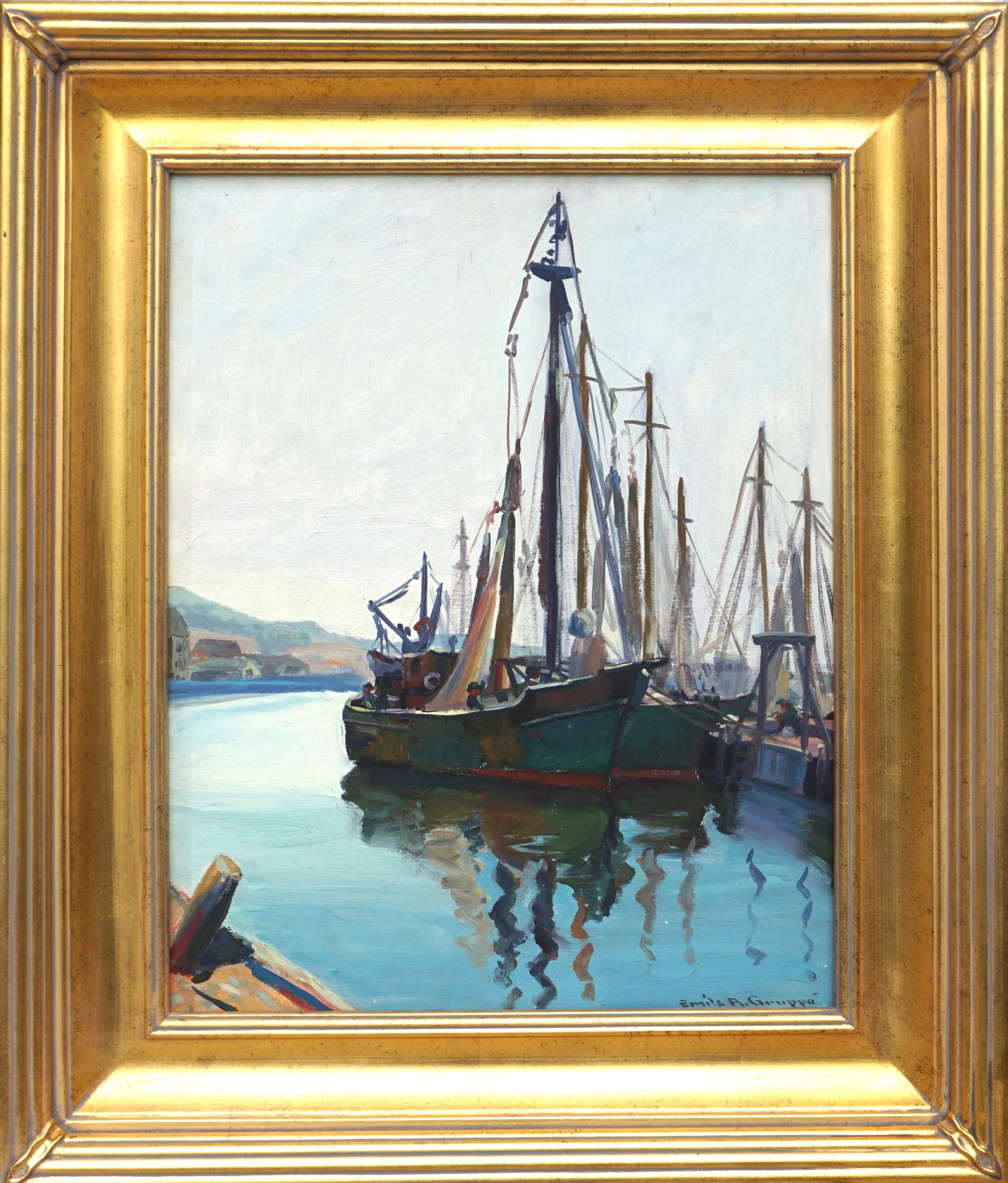 Emile Albert Gruppe (1896 - 1978) Fishing Boats Gloucester 
Oil / Canvasboard, Untitled Circa 1955
Signed: Emile A Gruppe, LR
Measures: 20 x 16 inches
Framed: 27 x 23 Inches

Condition: Excellent with new gilt frame

AVANTIQUES is dedicated to