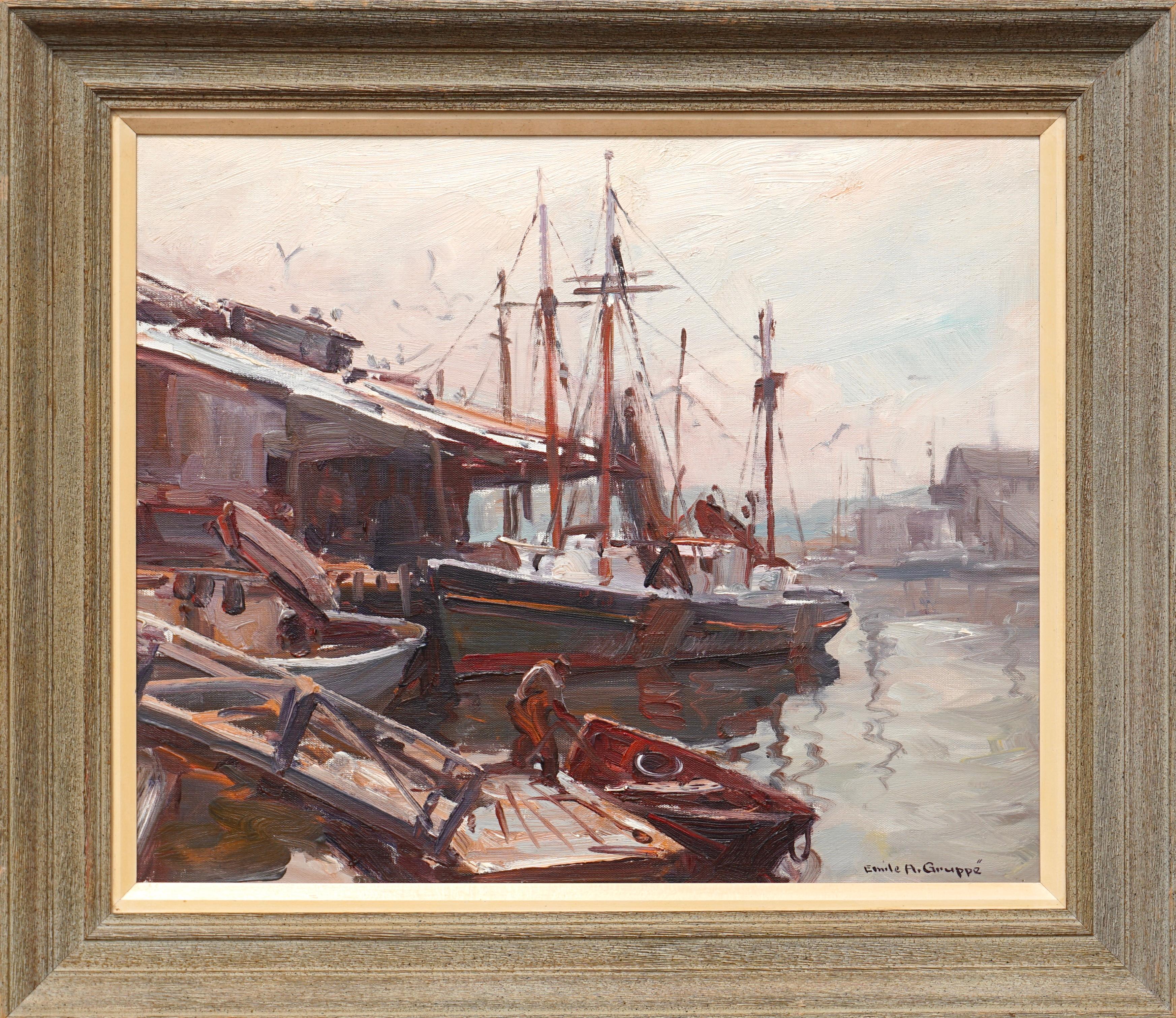 Emile Albert Gruppe (American, 1896-1978) Gloucester Docks, circa 1950
Oil on canvas 20 x 24 inches (50.8 x 61.0 cm) 
Original Frame: 26 X 30 Inches
Signed lower right: Emile A. Gruppe Signed and titled on the stretcher: Gloucester Docks by Emile A.