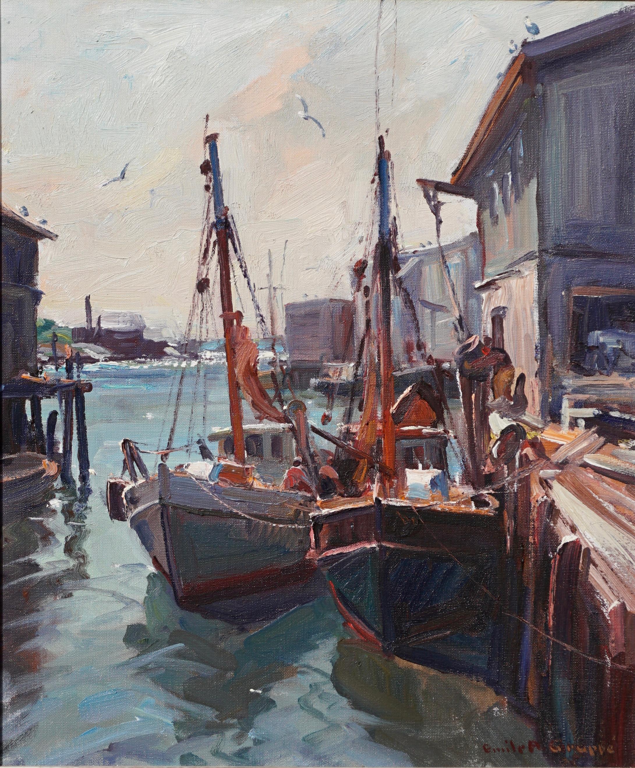 Emile Albert Gruppe (American, 1896-1978) oil on canvas painting, circa 1950 impressionist to Mid-Century Modern style. 

For your consideration is this Classic and strong marine port painting by the master himself. Gruppe used a confident execution