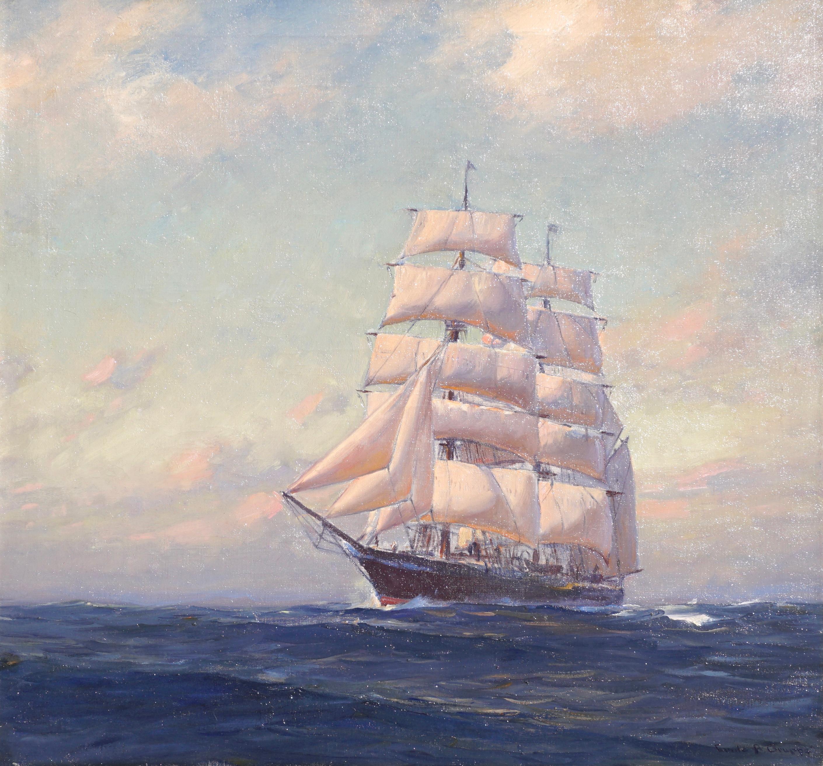 A monumentally large post Impressionist painting from the 1930s by Emile Gruppe. Emile and his father Charles were very fond of sailboats and on rare occasions took on the big ships with their pallets. This painting was probably commissioned as it